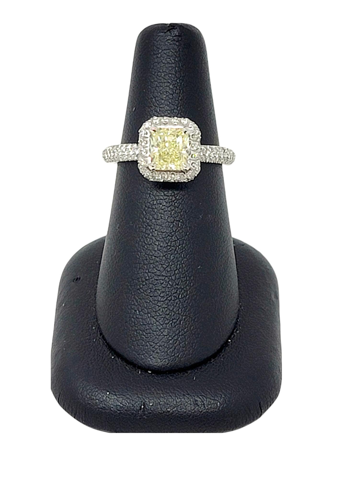 Radiant Cut Natural Fancy Yellow Diamond and Halo Platinum Engagement Ring GIA For Sale 5