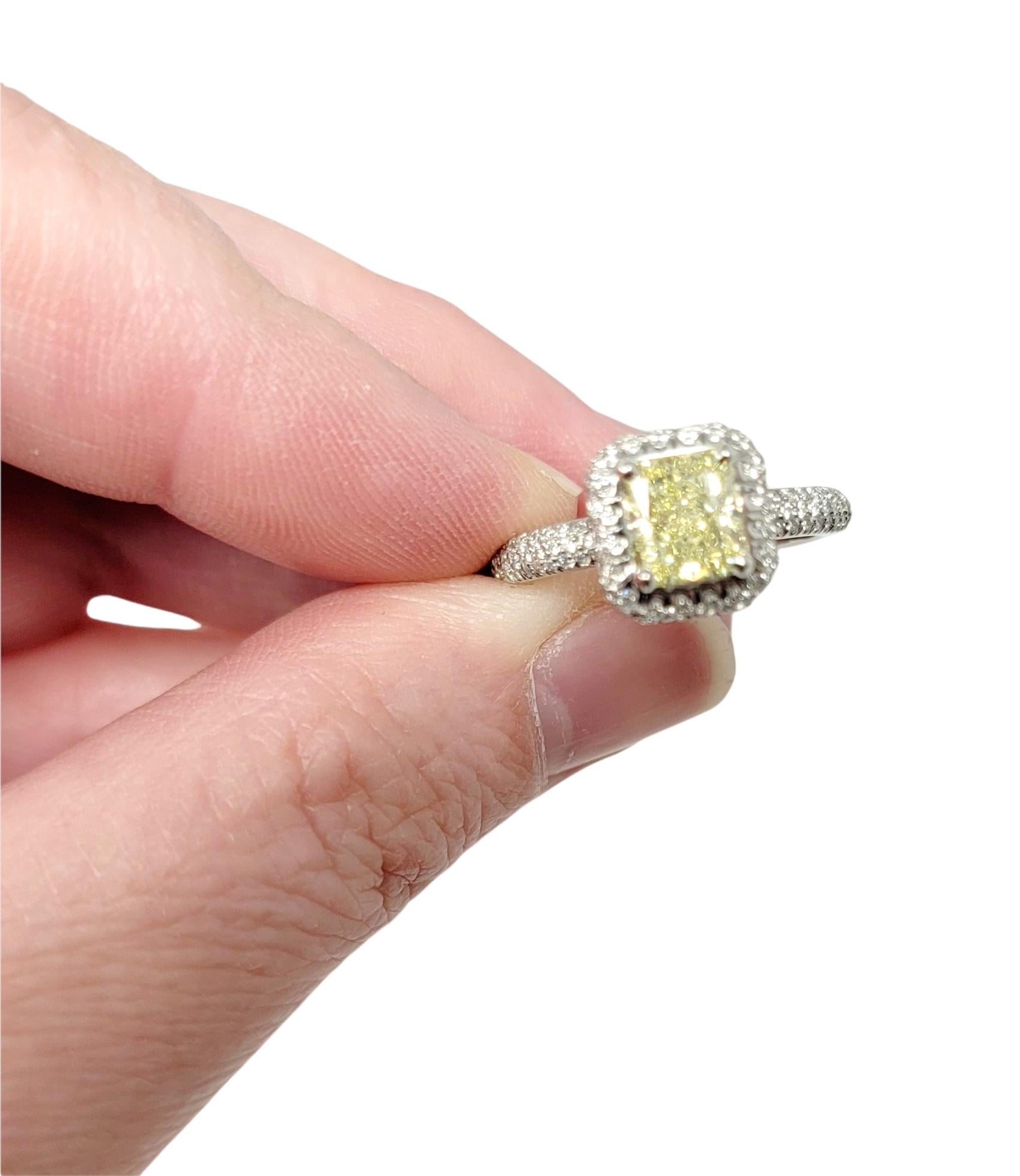 Radiant Cut Natural Fancy Yellow Diamond and Halo Platinum Engagement Ring GIA For Sale 7
