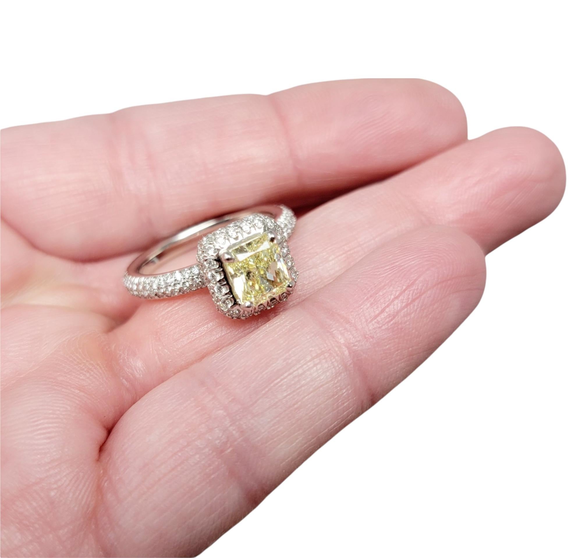 Radiant Cut Natural Fancy Yellow Diamond and Halo Platinum Engagement Ring GIA For Sale 8
