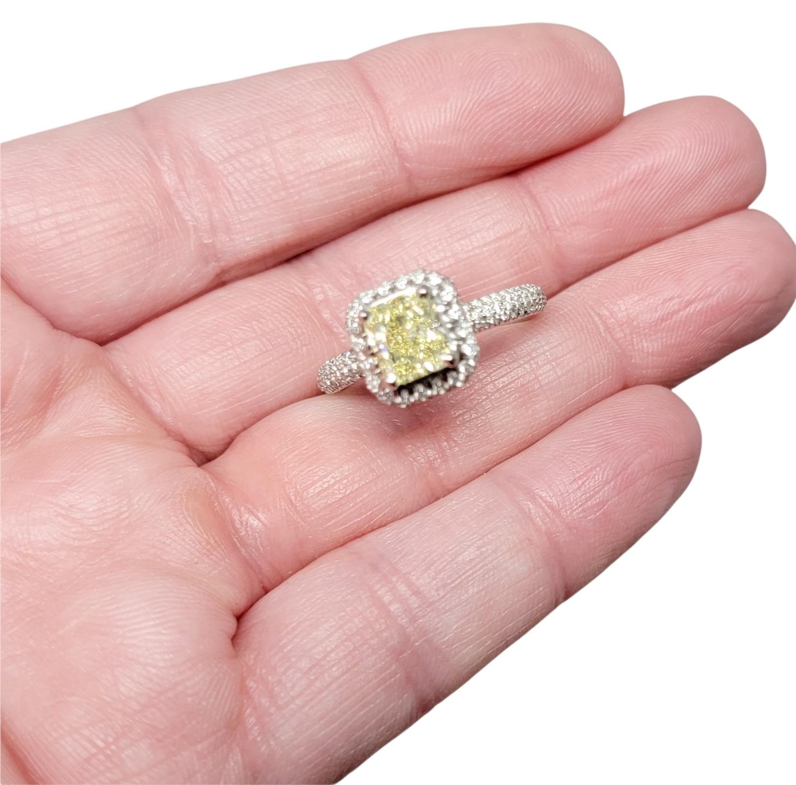 Radiant Cut Natural Fancy Yellow Diamond and Halo Platinum Engagement Ring GIA For Sale 9