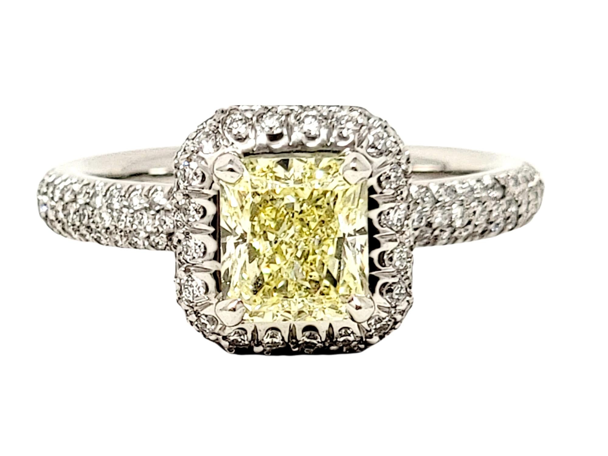 Radiant Cut Natural Fancy Yellow Diamond and Halo Platinum Engagement Ring GIA For Sale 13