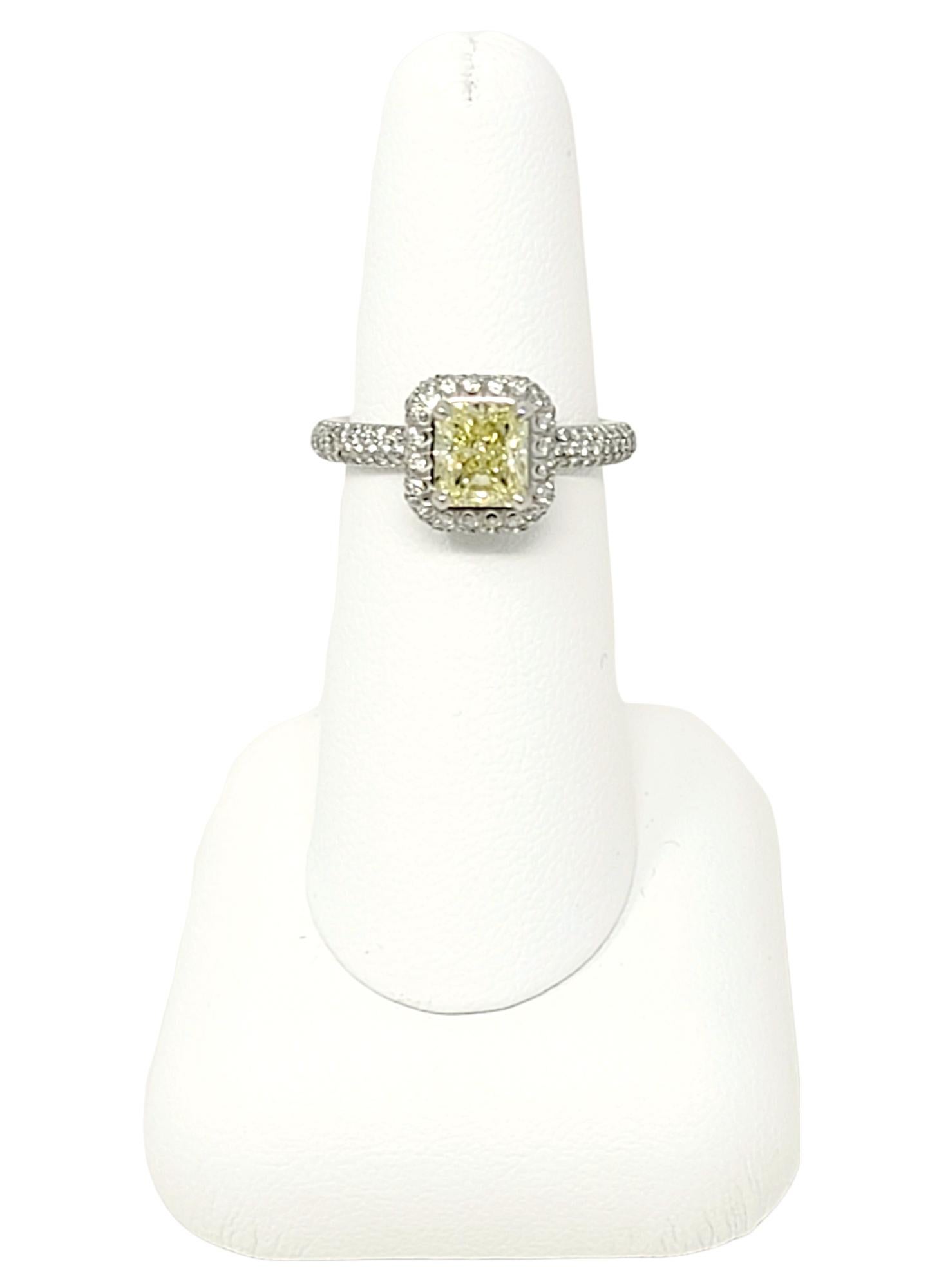 Radiant Cut Natural Fancy Yellow Diamond and Halo Platinum Engagement Ring GIA For Sale 14