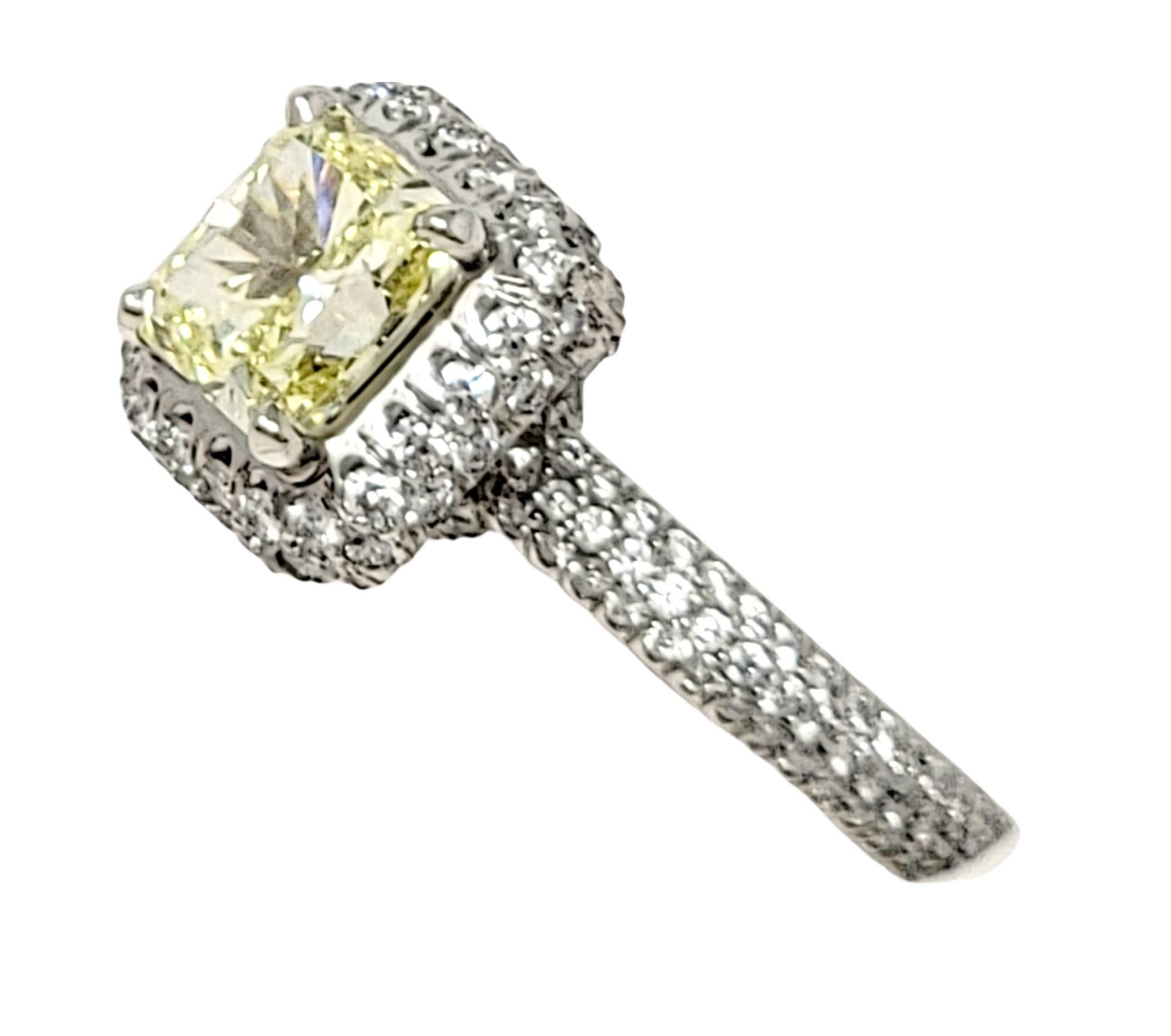 Contemporary Radiant Cut Natural Fancy Yellow Diamond and Halo Platinum Engagement Ring GIA For Sale