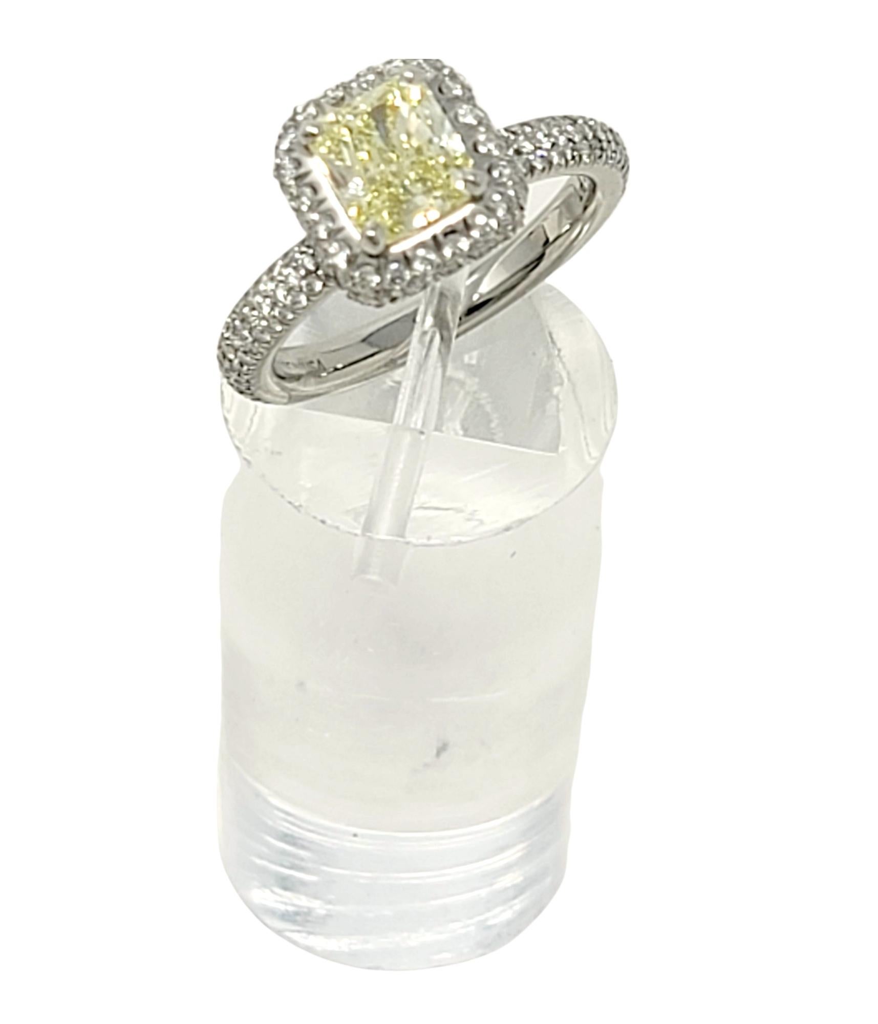 Radiant Cut Natural Fancy Yellow Diamond and Halo Platinum Engagement Ring GIA For Sale 2