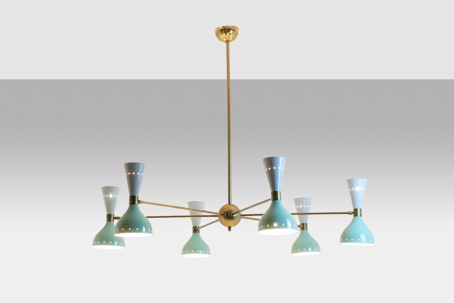 Radiant diabolo-shaped chandelier with 12 lights, in matte golden brass and green lacquered metal.

Italian artisanal work in small series in 1950s/60s style.

Dimensions: H 102 x D 130 cm

Reference: LS65891156T

Works with 12 bulbs with small