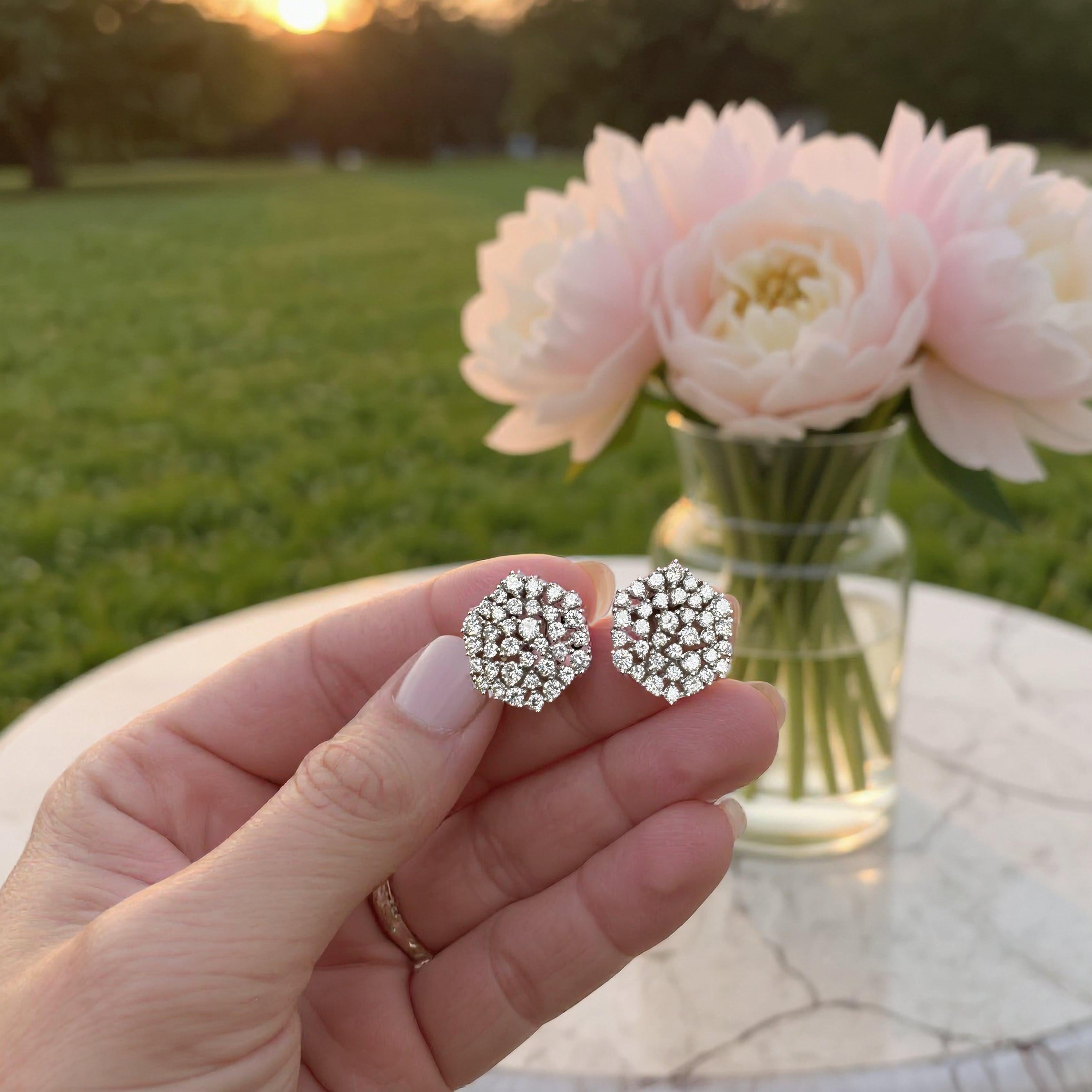Modern Radiant Diamond 14K (or 18k upon request) White Gold Floral Stud Earrings For Sale
