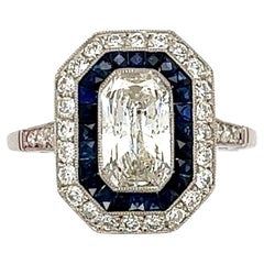 Radiant Diamond and Sapphire Art Deco Revival Platinum Ring Estate Fine Jewelry