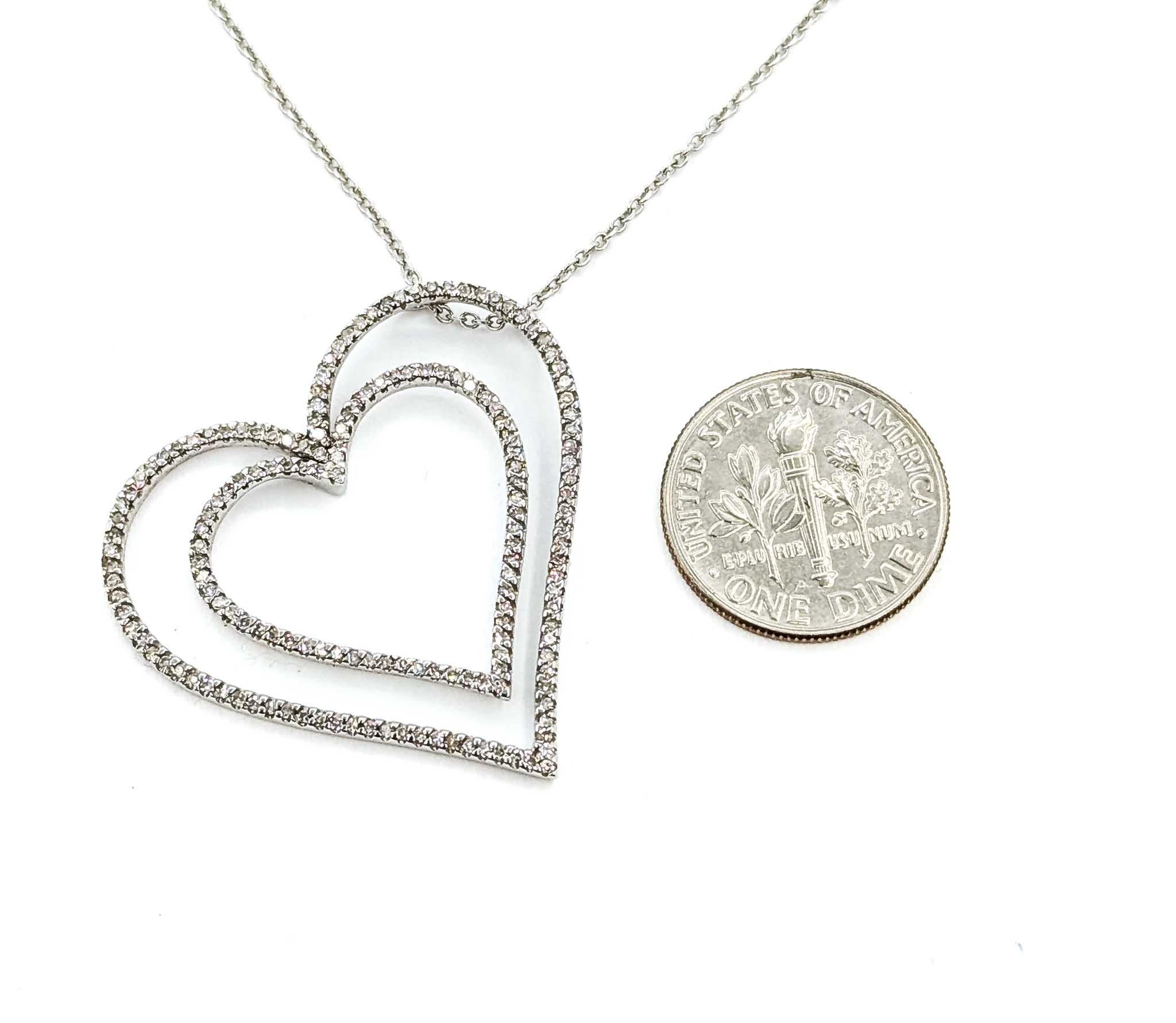 Radiant Diamond Double Heart Pendant in 14k White Gold For Sale 4