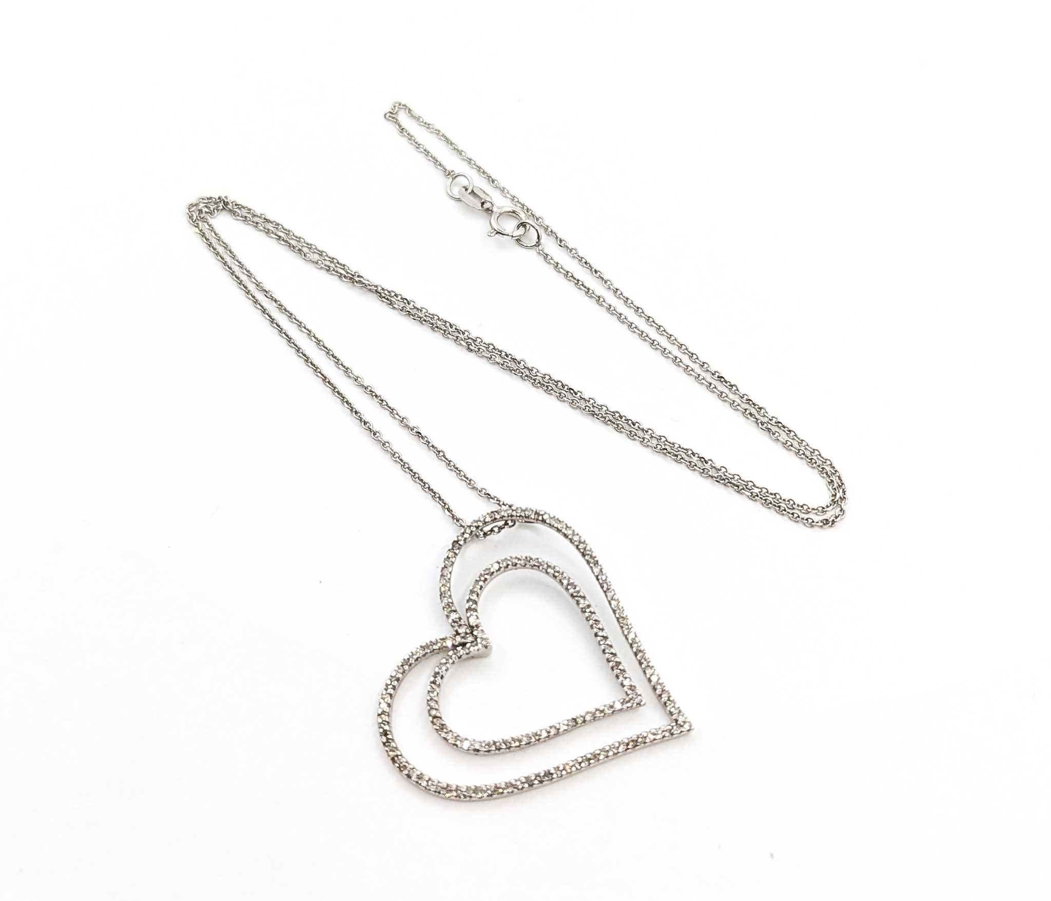 Contemporary Radiant Diamond Double Heart Pendant in 14k White Gold For Sale
