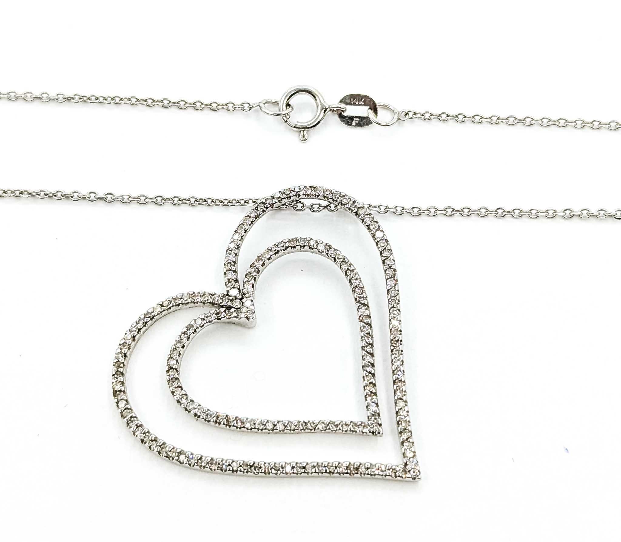 Women's Radiant Diamond Double Heart Pendant in 14k White Gold For Sale
