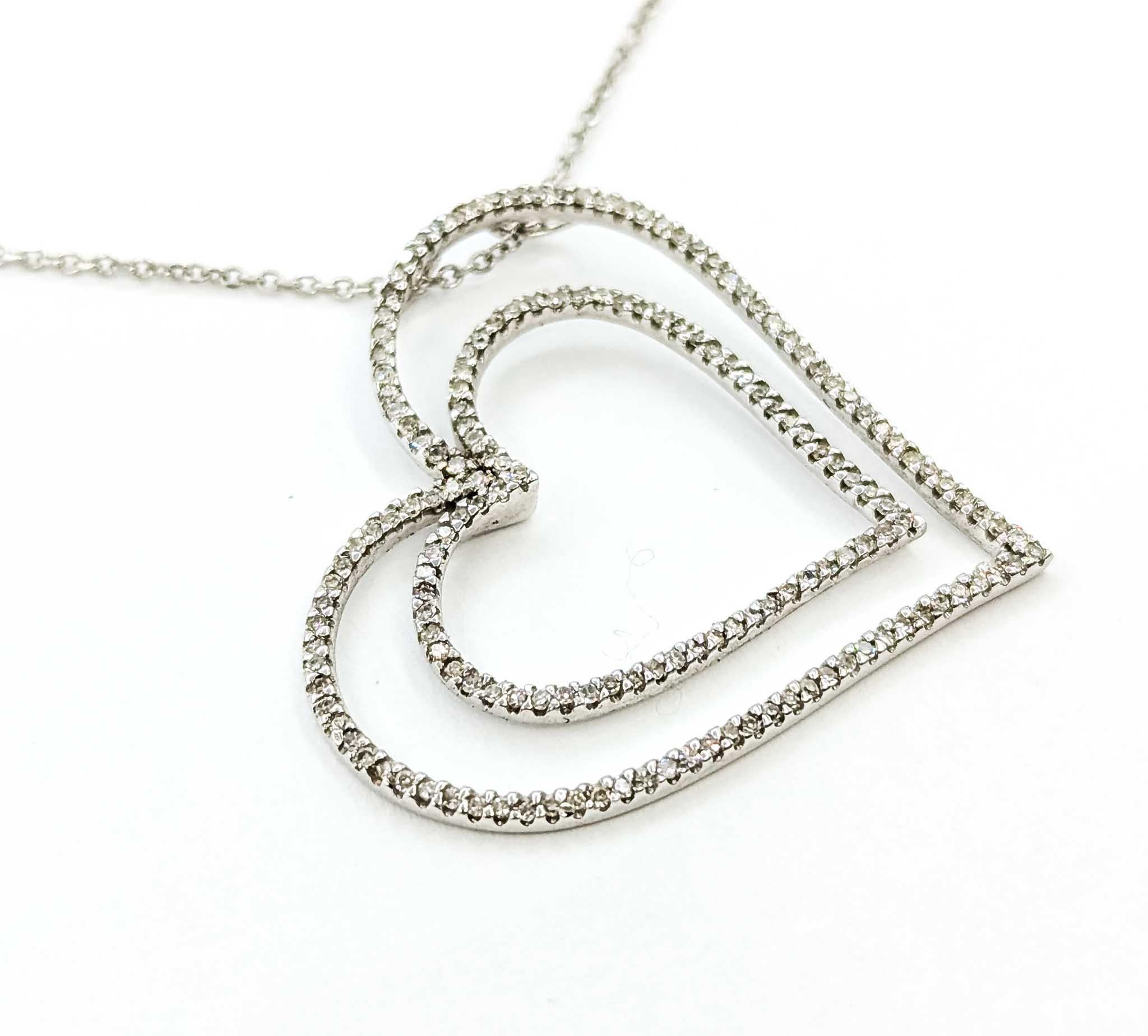 Radiant Diamond Double Heart Pendant in 14k White Gold For Sale 1