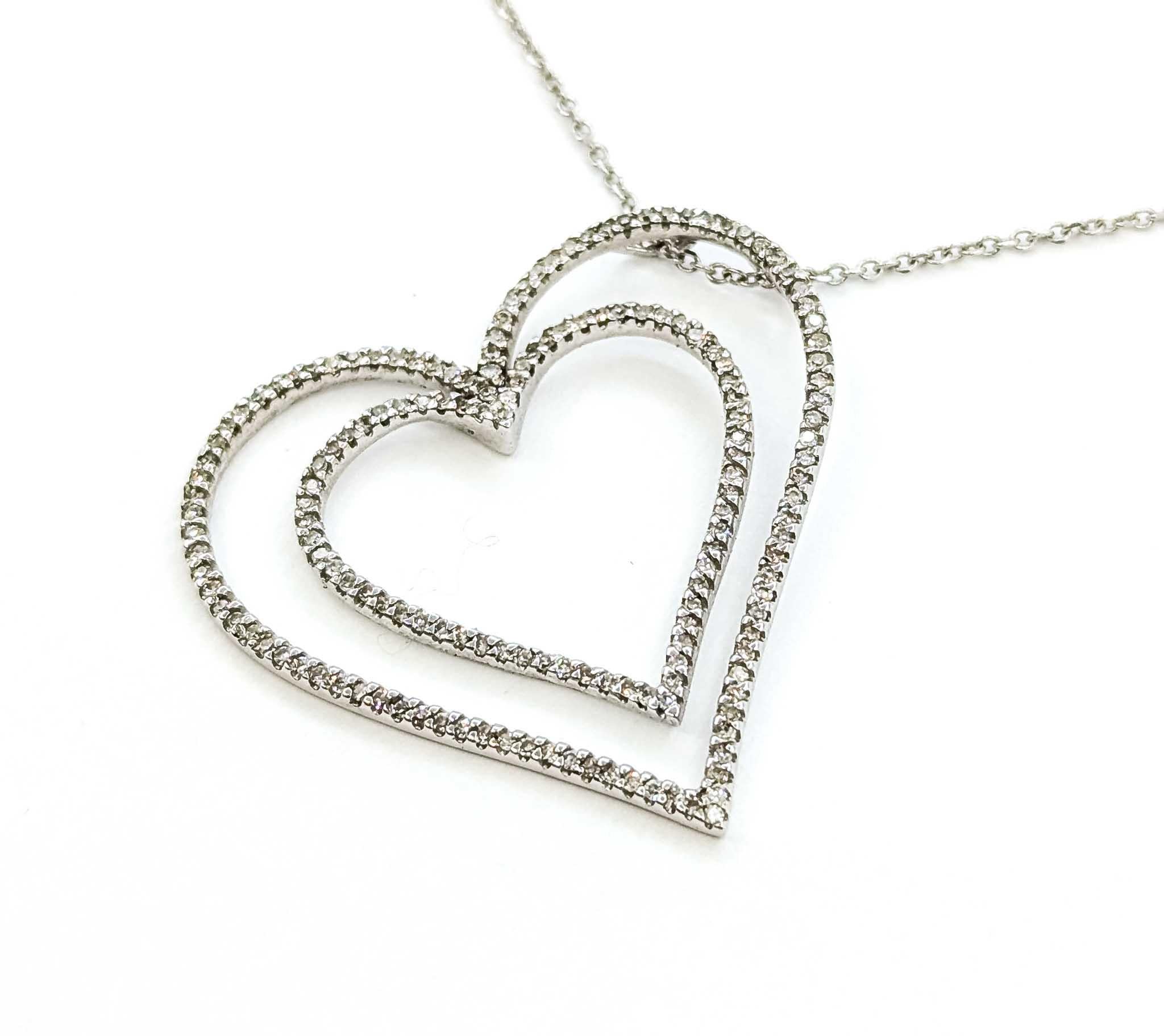 Radiant Diamond Double Heart Pendant in 14k White Gold For Sale 2