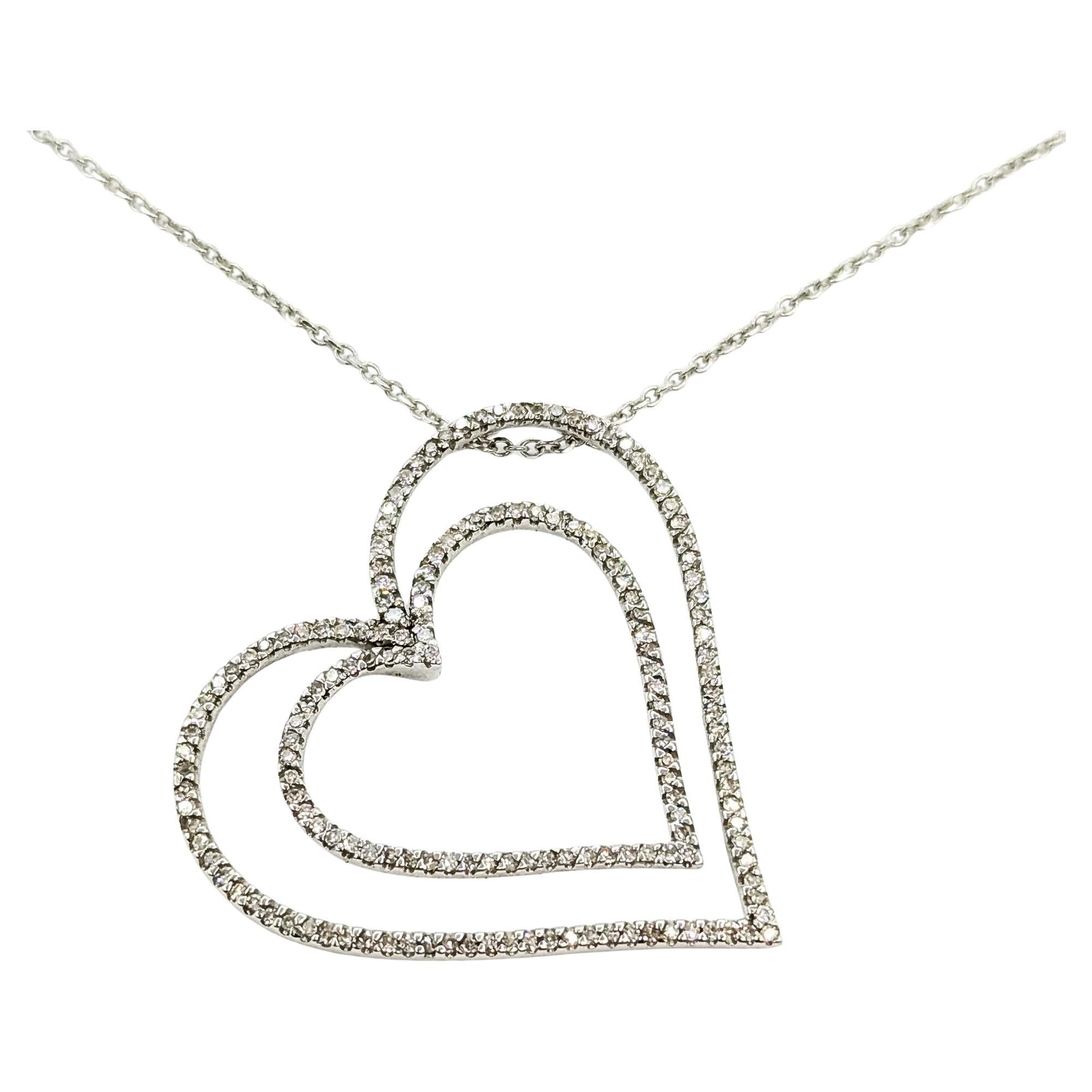 Radiant Diamond Double Heart Pendant in 14k White Gold For Sale