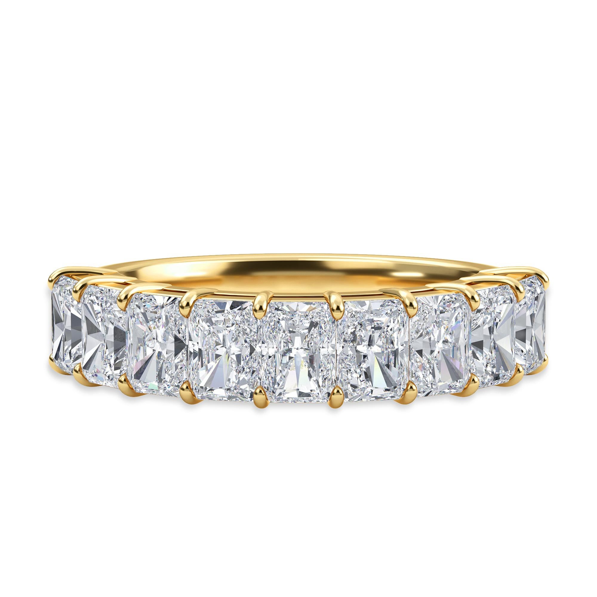 This Radiant Diamond Partway Band features 9 Radiant Diamonds and weights 1.35 Total Carat Weight. These Radiant diamonds are F Color and VS Clarity, and are extremely elongated. This ring is set in 18K Yellow Gold in a finger size 6.5. 