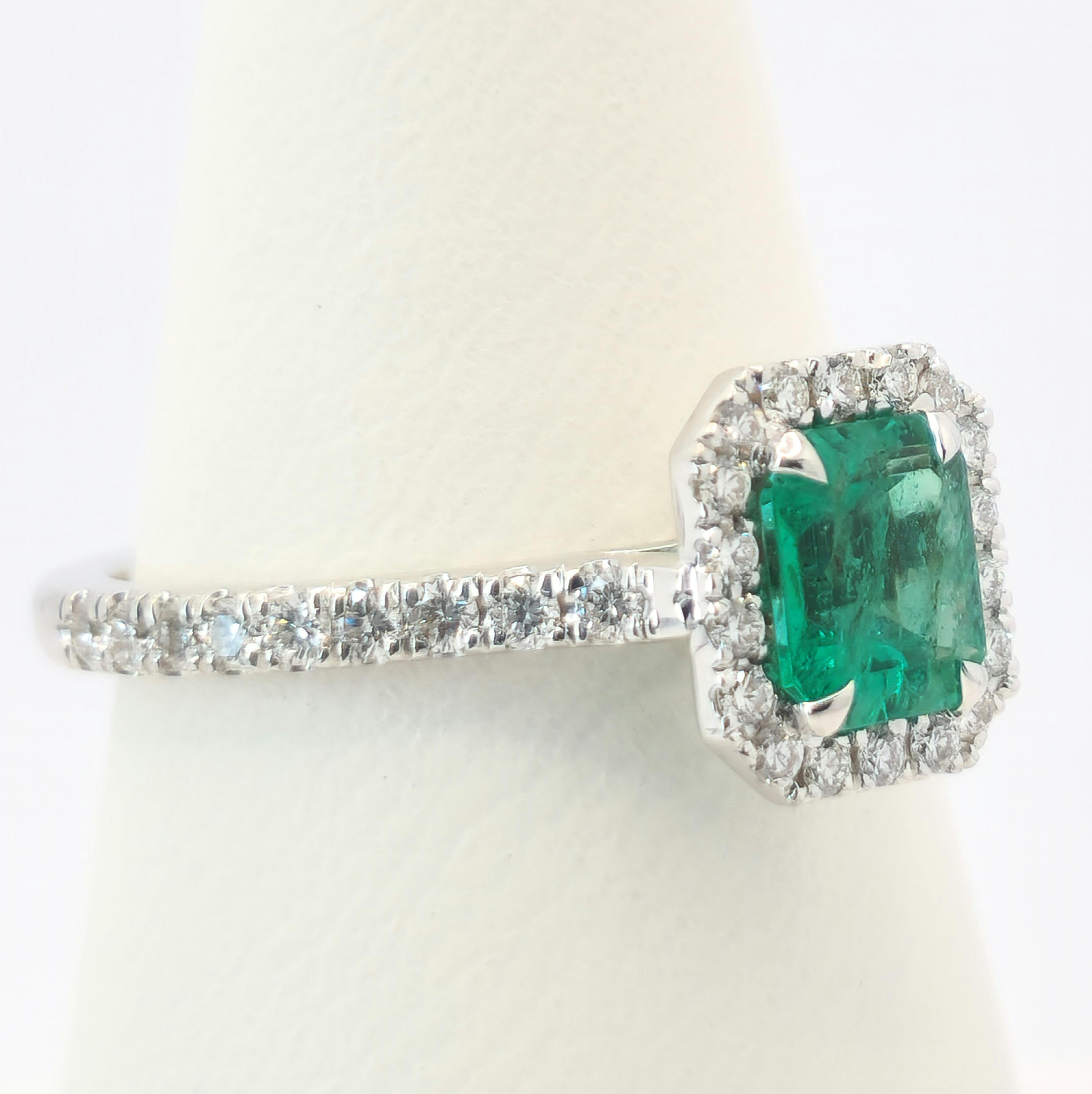 Radiant Emerald and Diamonds Halo Engagement Ring For Sale 4