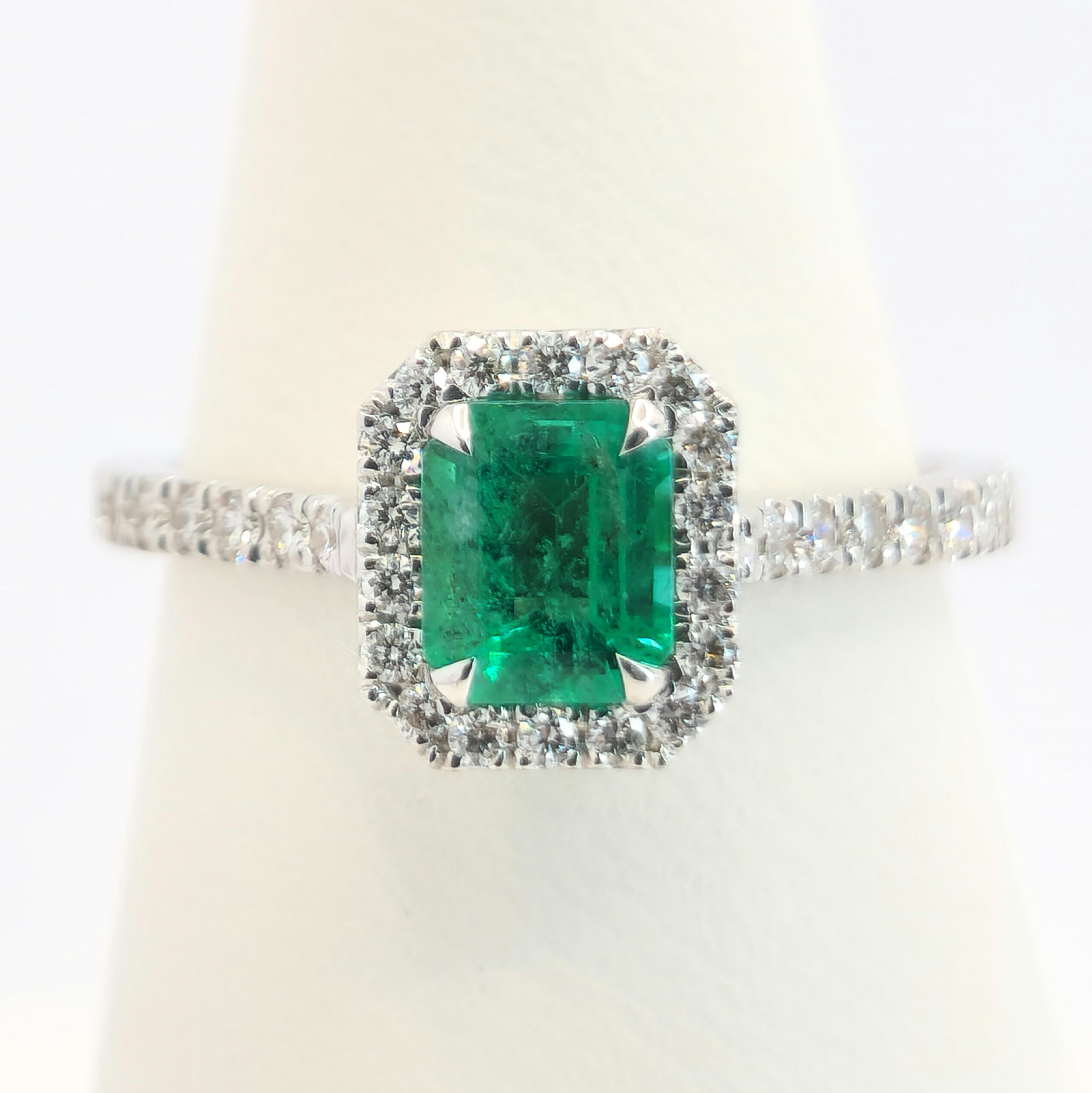 Radiant Emerald and Diamonds Halo Engagement Ring For Sale 3