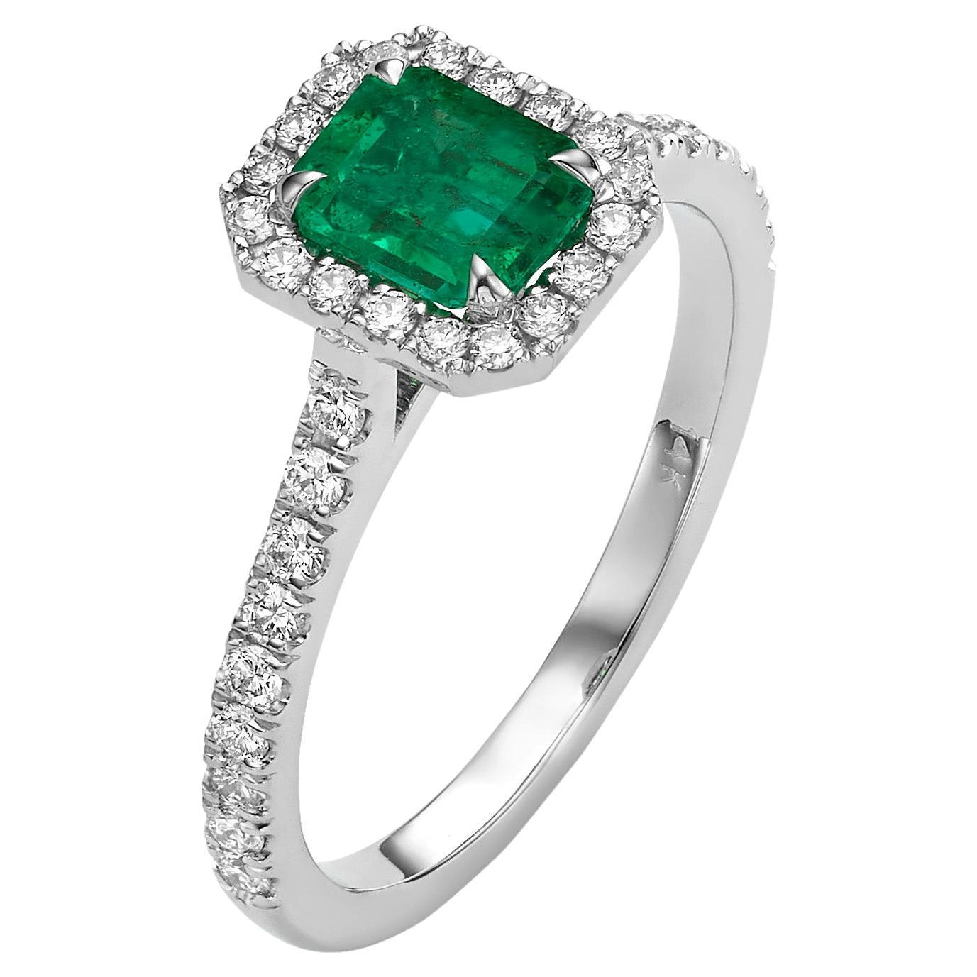 Radiant Emerald and Diamonds Halo Engagement Ring For Sale