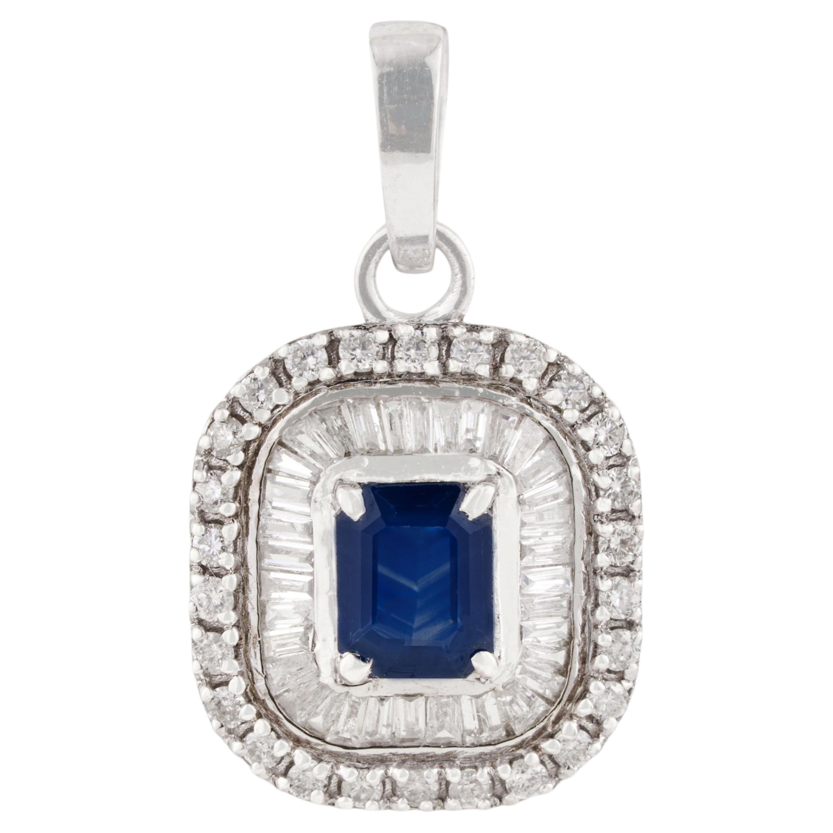 Radiant Emerald-Cut Deep Blue Sapphire & Diamond Halo Pendant in 14K White Gold For Sale