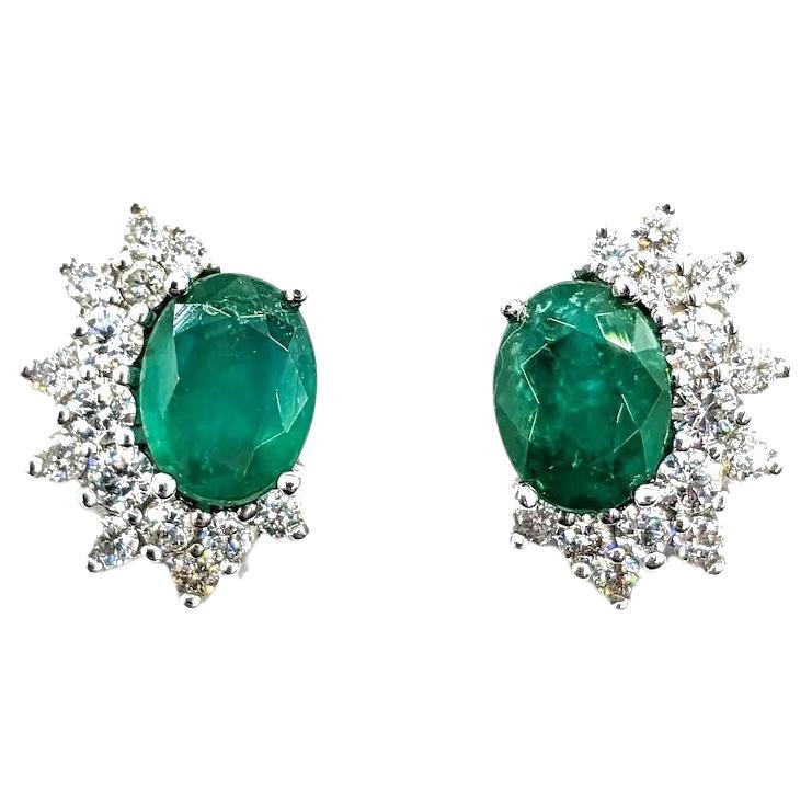 Radiant Emerald & Diamond Earrings in 14k White Gold
