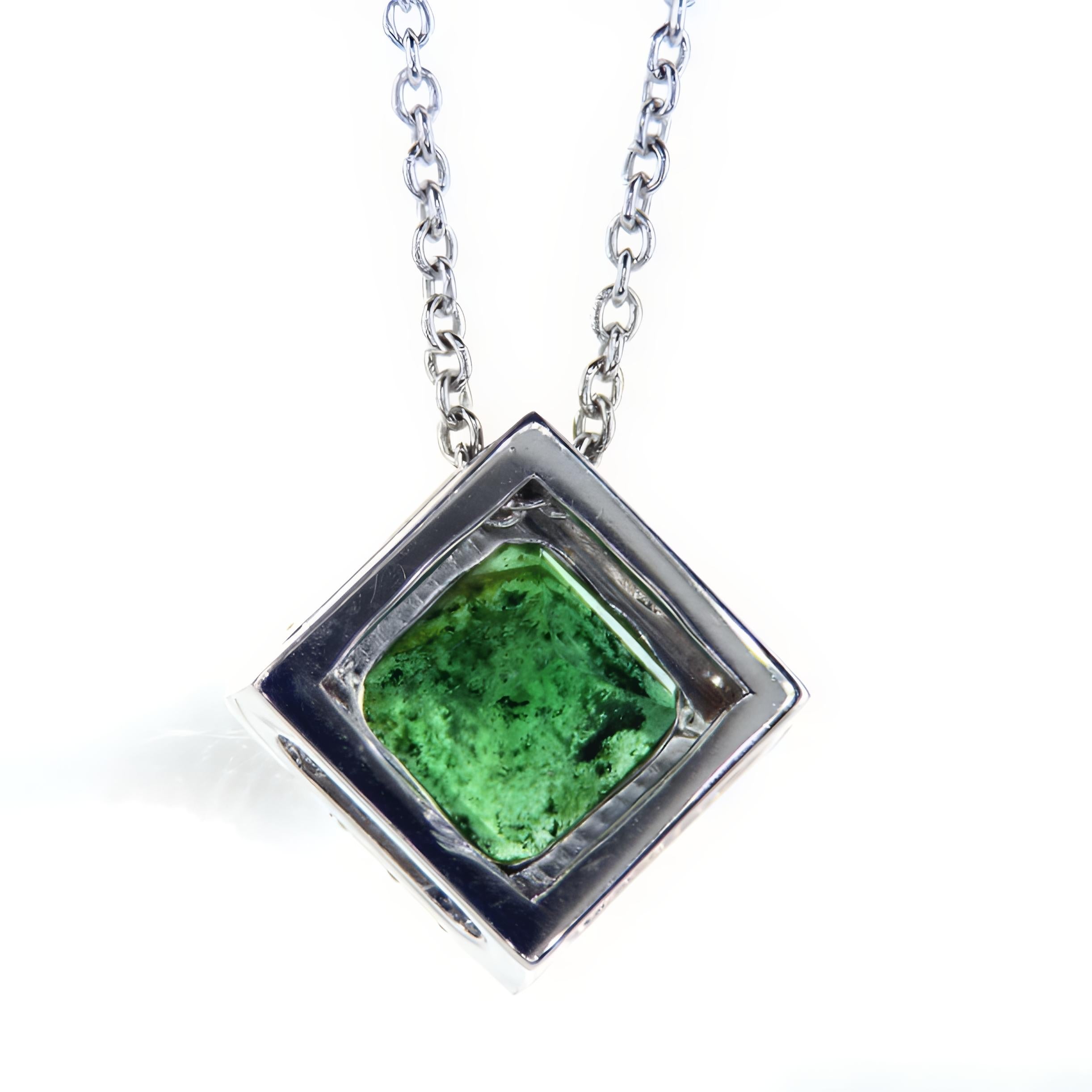 Radiant Cut Radiant Emerald White Gold Halo Necklace For Sale