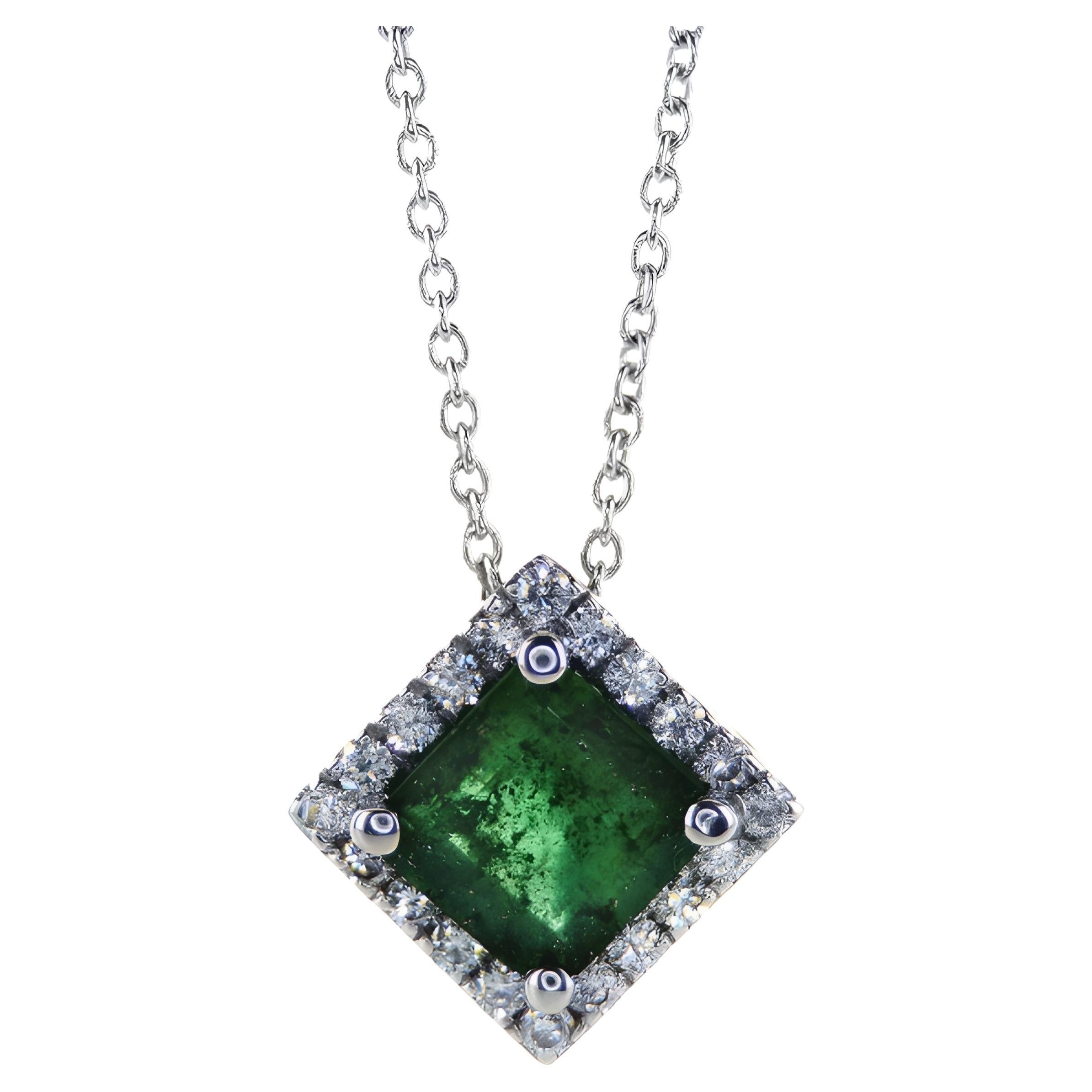 Radiant Emerald White Gold Halo Necklace For Sale