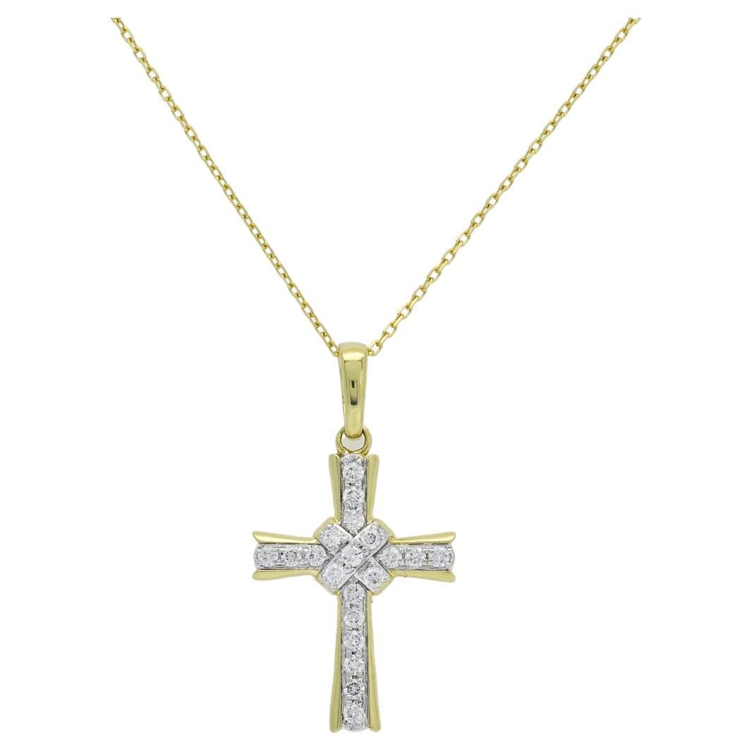 Natural Diamonds 0.25 Carats 18 Karat Yellow Gold Cross Chain pendant Necklace  For Sale
