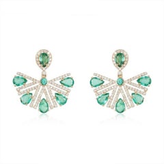 Radiant Fan 14K (or 18k upon request) Yellow Gold Emerald Diamond Drop Earrings