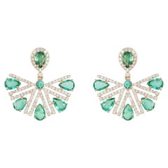 Radiant Fan 14K (or 18k upon request) Yellow Gold Emerald Diamond Drop Earrings