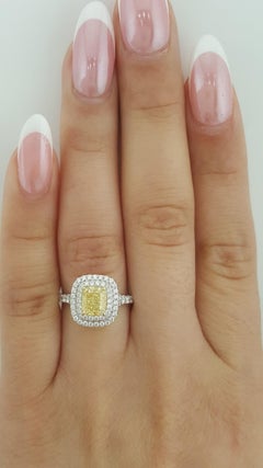 Elongated Cushion Yellow Diamond Double Halo Engagement Ring