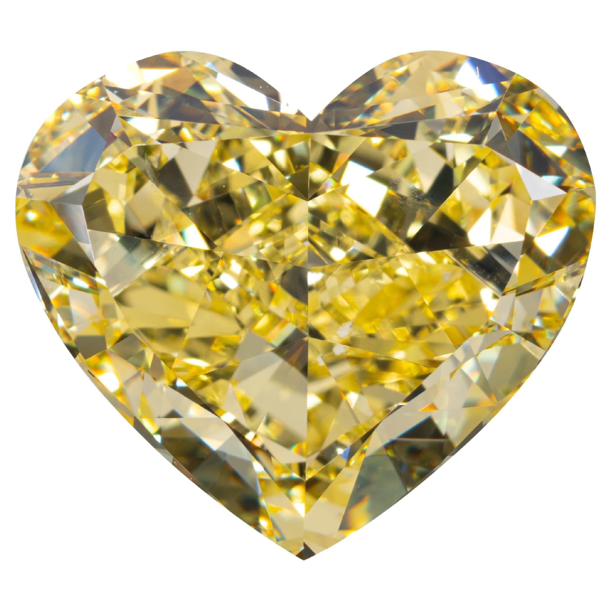 Radiant Masterpiece 18.25 carat Fancy Intense Yellow Heart Cut Diamond Ring For Sale