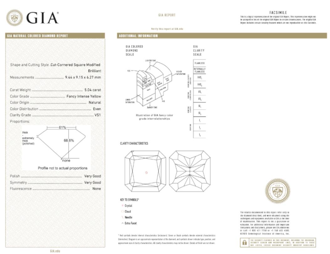 Radiant Masterpiece 5,37 Karat Fancy Intense Yellow Diamantring mit Radiantschliff Damen im Angebot