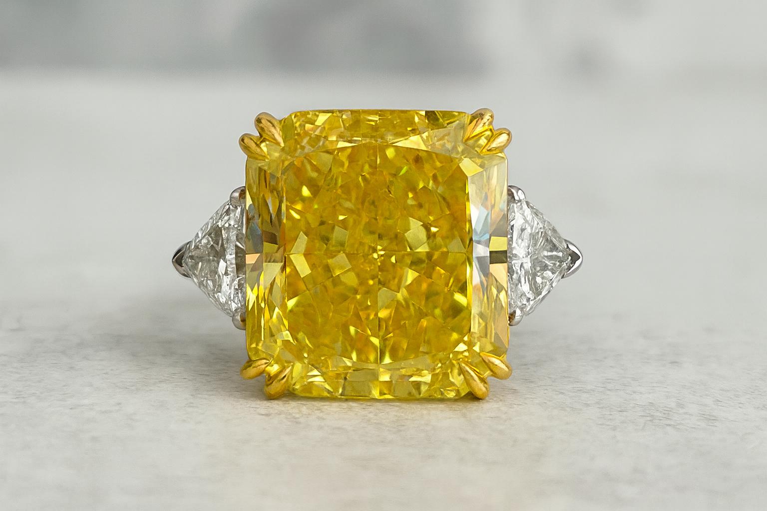 Contemporary Radiant Masterpiece 5 carat Fancy Intense Yellow Radiant Cut Diamond Ring For Sale