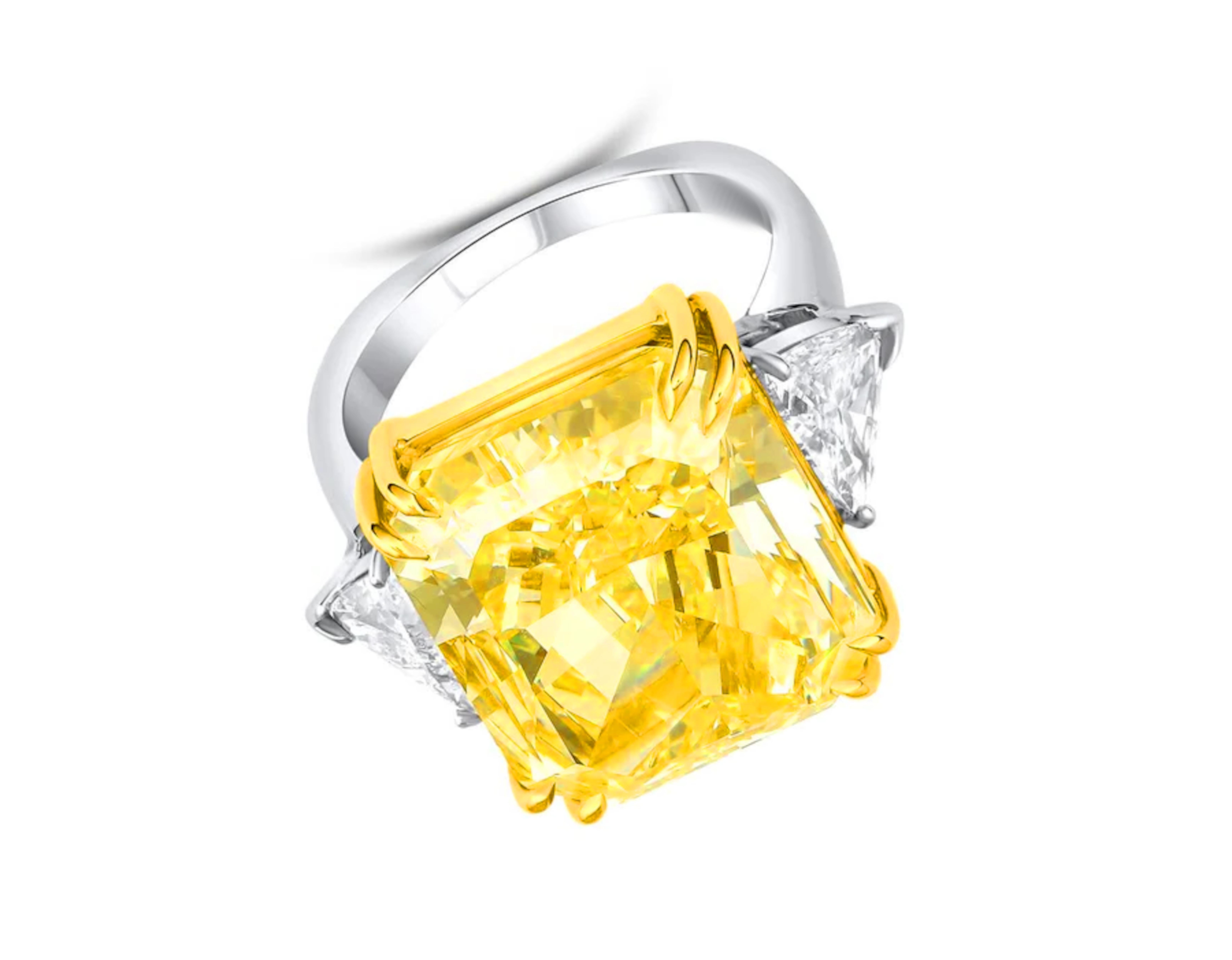 Contemporary Radiant Masterpiece 5.37 carat Fancy Intense Yellow Radiant Cut Diamond Ring For Sale