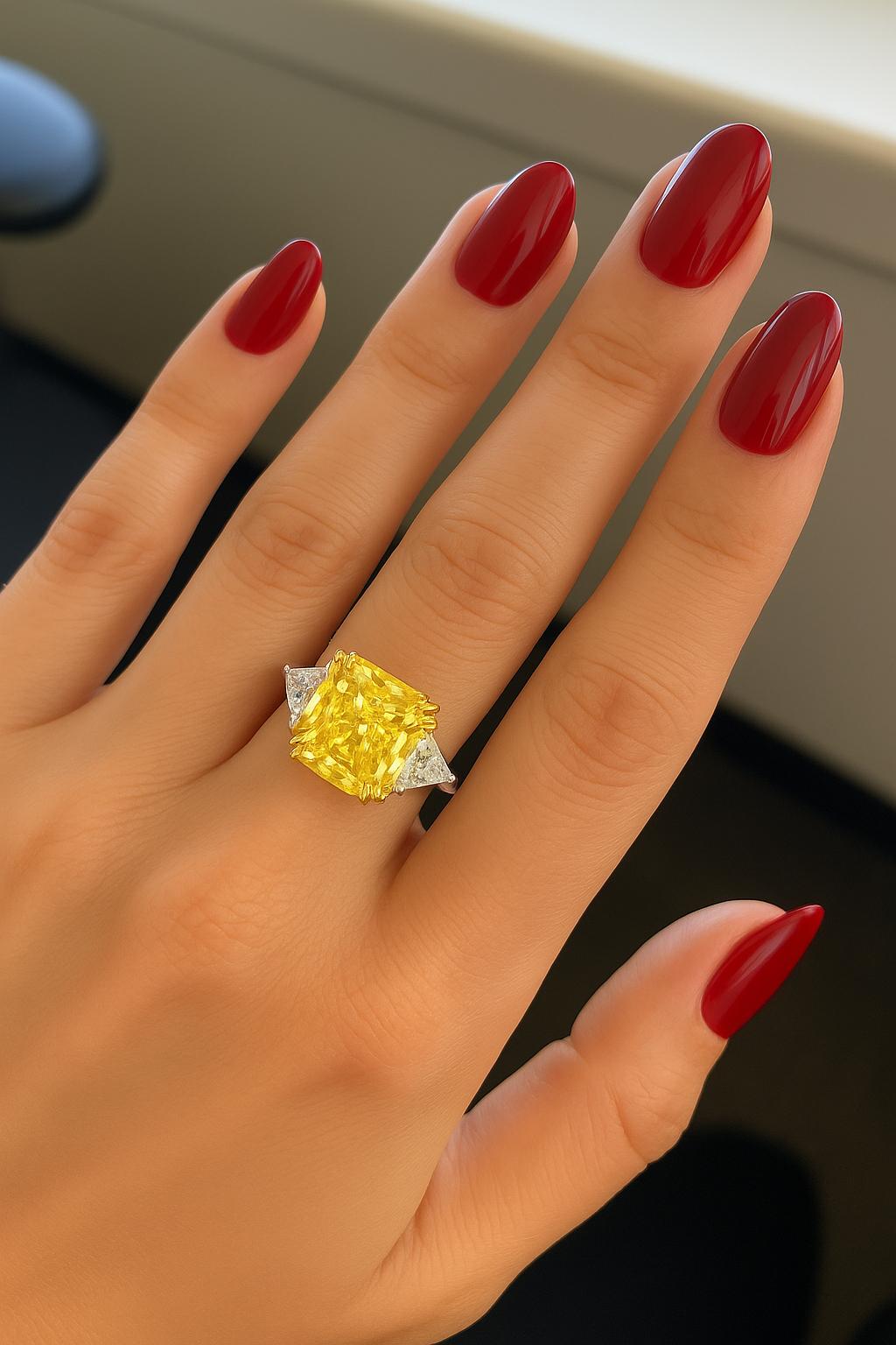 Radiant Masterpiece 5 carat Fancy Intense Yellow Radiant Cut Diamond Ring In New Condition For Sale In Chicago, IL