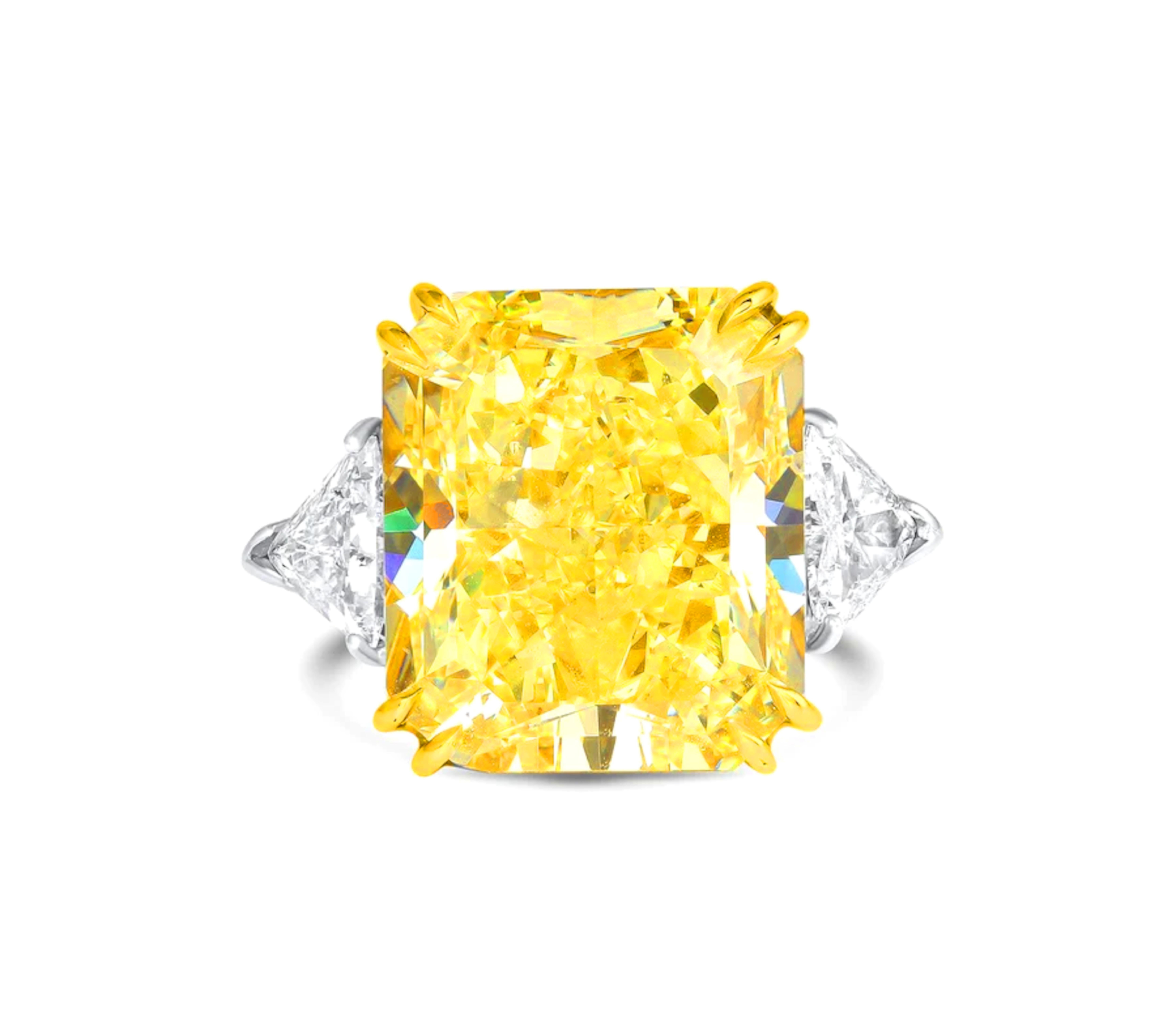 Radiant Masterpiece 5.37 carat Fancy Intense Yellow Radiant Cut Diamond Ring In New Condition For Sale In Chicago, IL