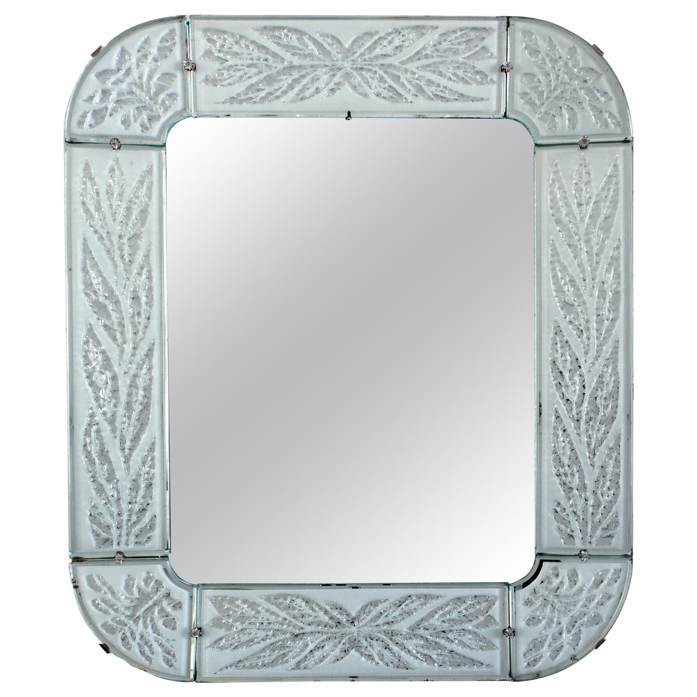 Radiant Mid-20th Century Swedish Chiseled and Frosted Glass-Framed Mirror