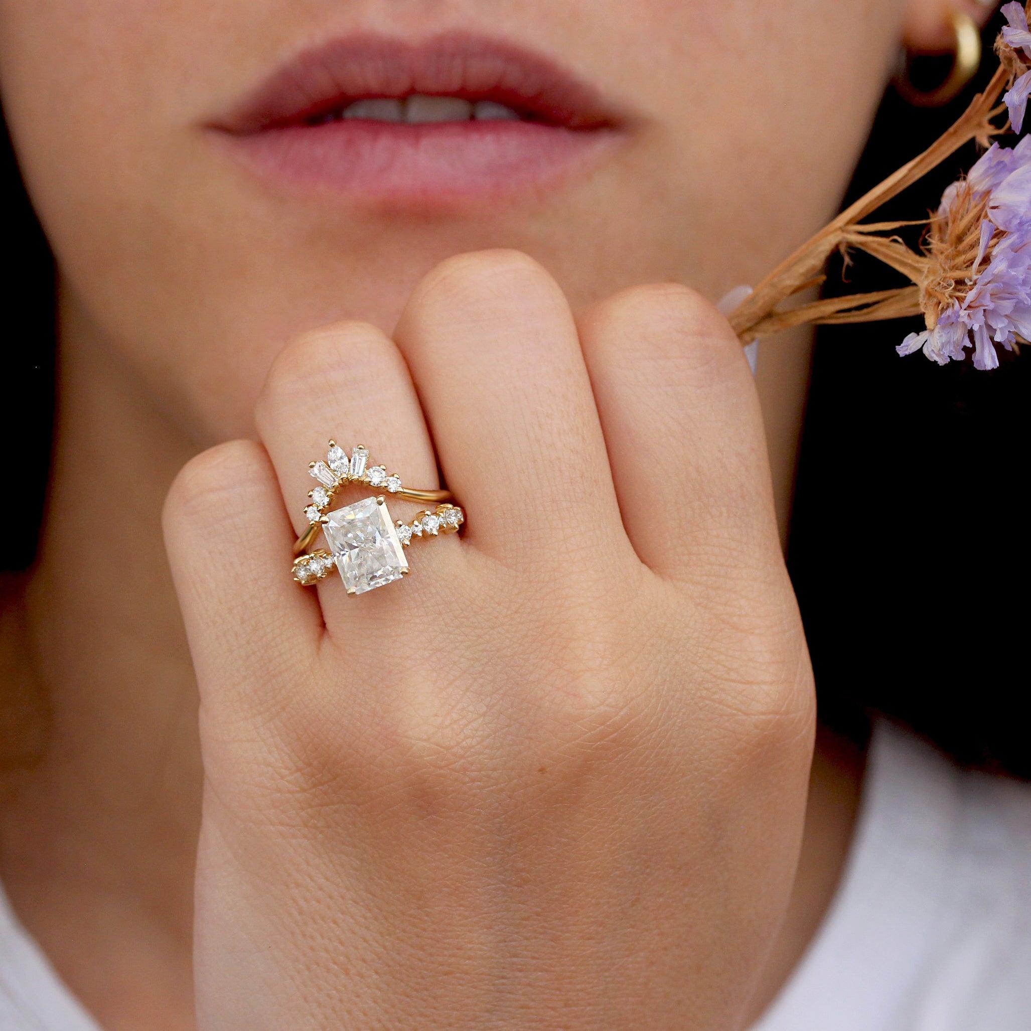 Radiant Moissanite Engagement ring with Diamond Dots Band, 14K Yellow Gold In New Condition For Sale In Hertsliya, IL