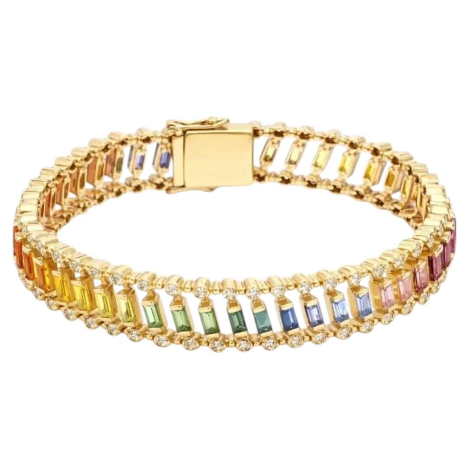 Zafiro multicolor radiante y diamante Pulsera de tenis de oro amarillo de 14 quilates
