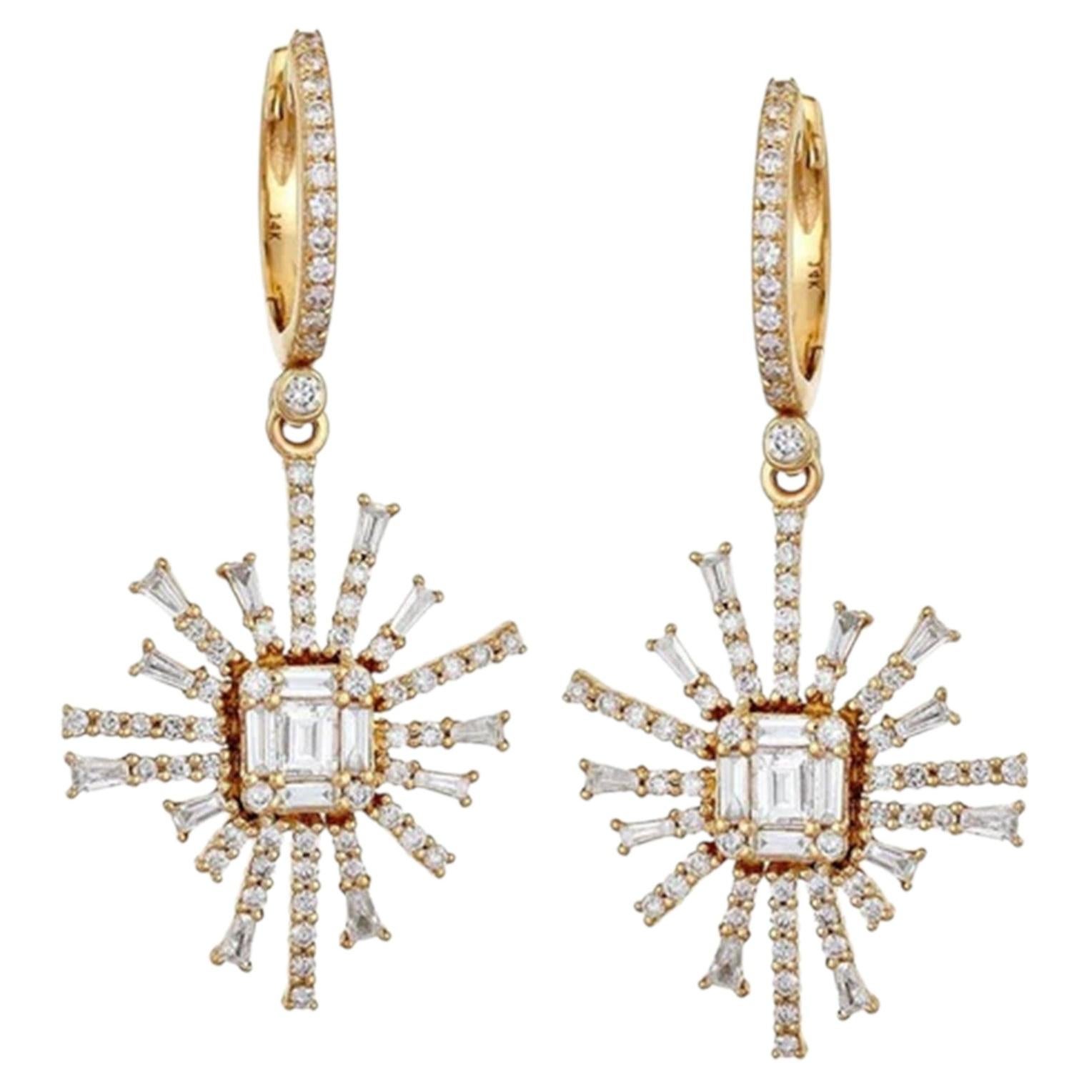 1.10ctw Round & Baguette Diamond 14K Gold Drop Earrings For Sale