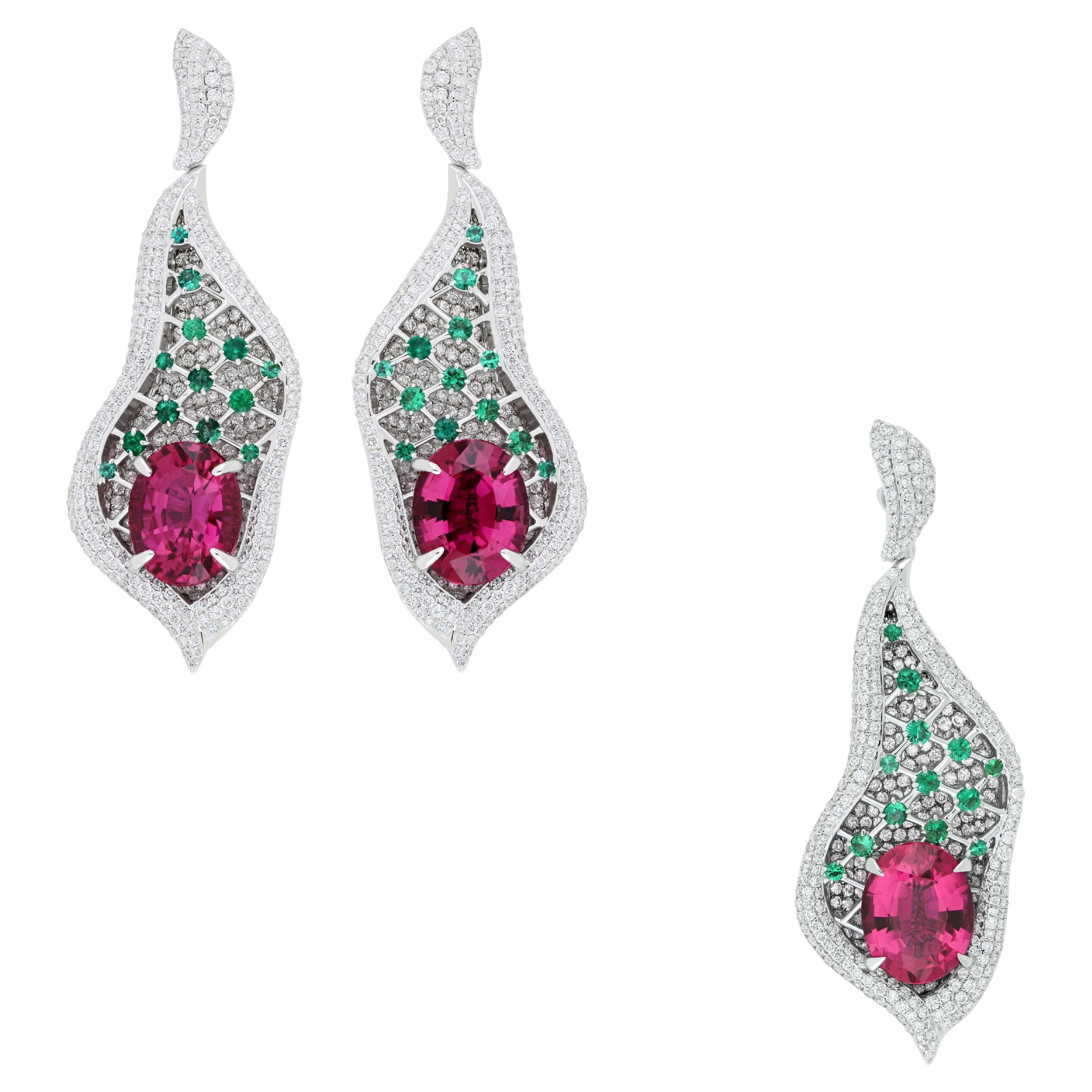 Radiant Opulence: Exquisite Rubellite, Emeralds & Diamond Ensemble in 18K White 