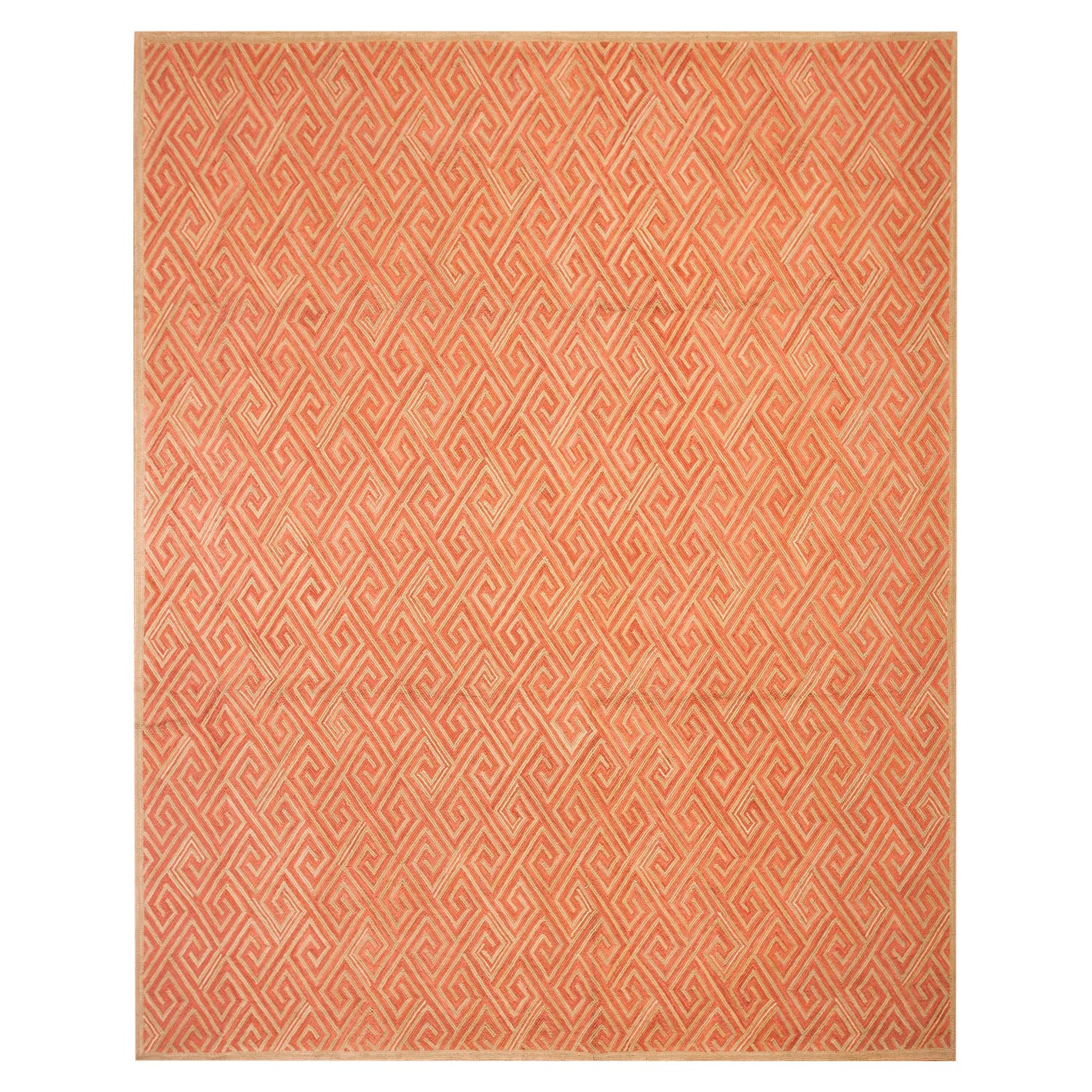 Radiant Orange Geometric Pattern Contemporary Handmade American Hooked Rug For Sale