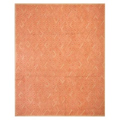 Radiant Orange Geometric Pattern Contemporary Handmade American Hooked Rug (Tapis crocheté américain fait à la main)