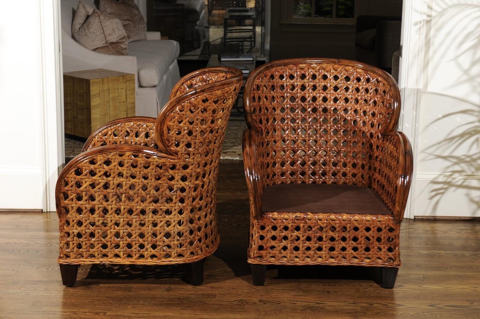Radiant Pair of Art Deco Revival Club Chairs in Magnificent French Cane For Sale 3