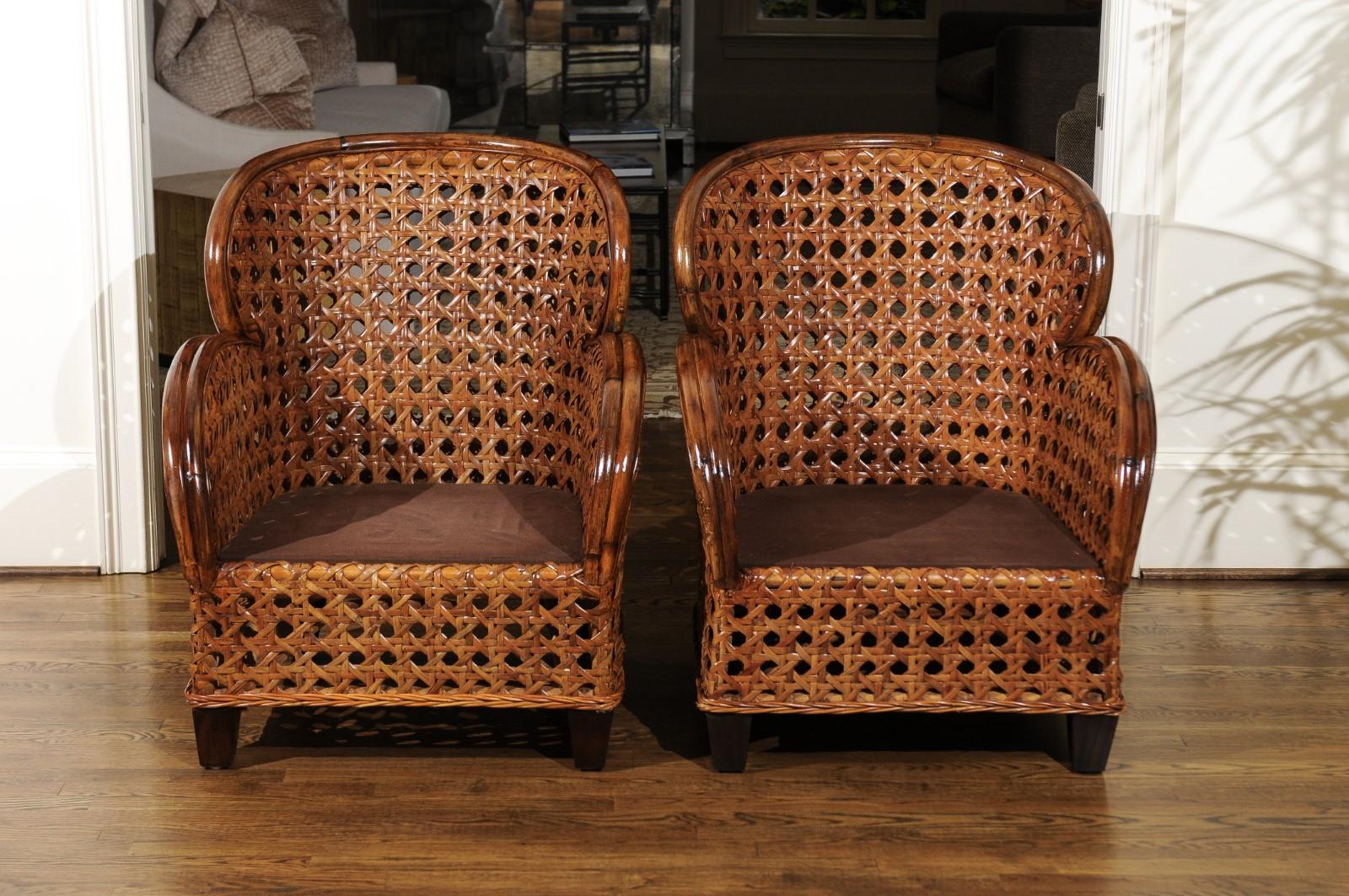 Radiant Pair of Art Deco Revival Club Chairs in Magnificent French Cane For Sale 7