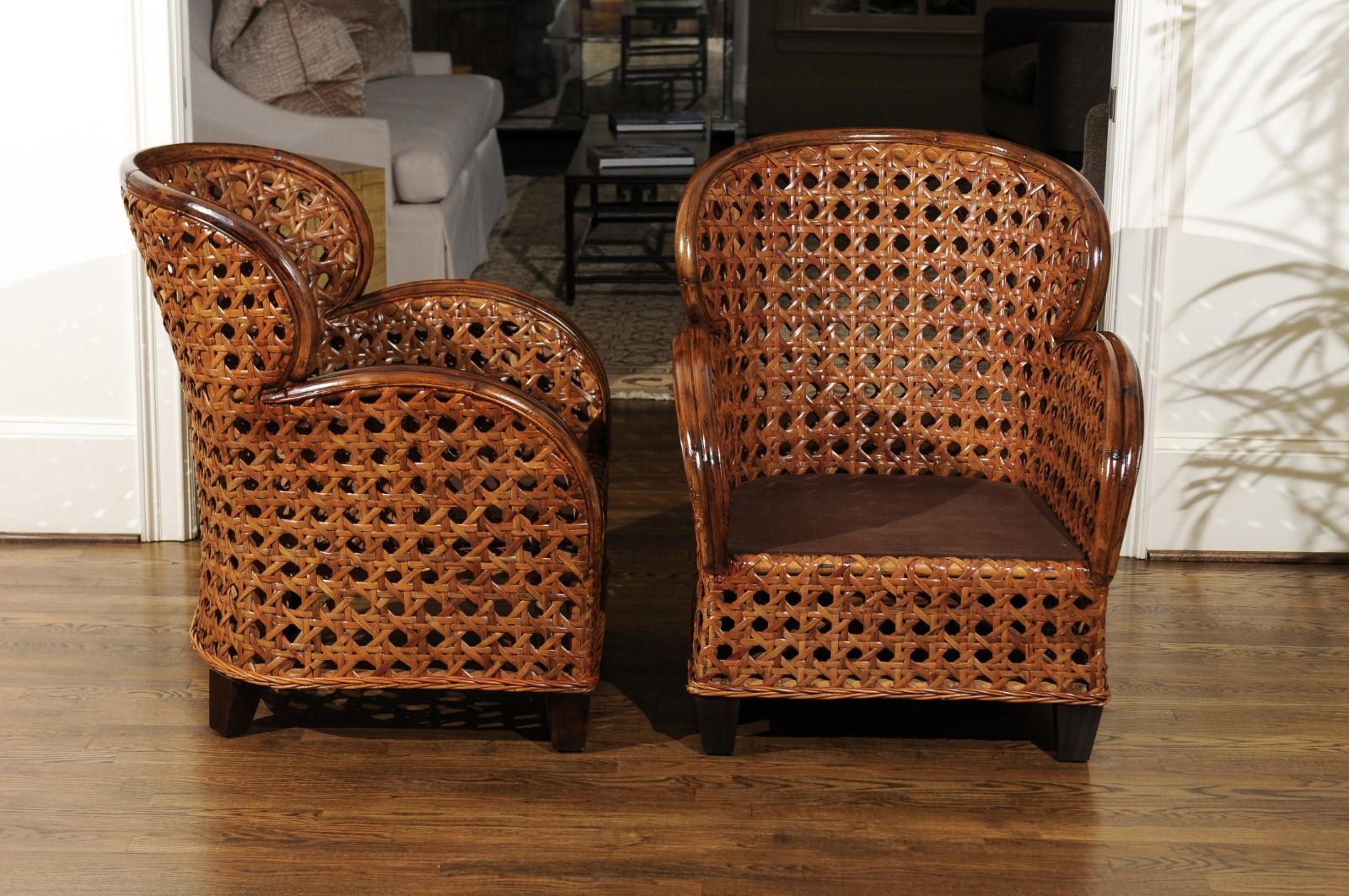 Unknown Radiant Pair of Art Deco Revival Club Chairs in Magnificent French Cane For Sale