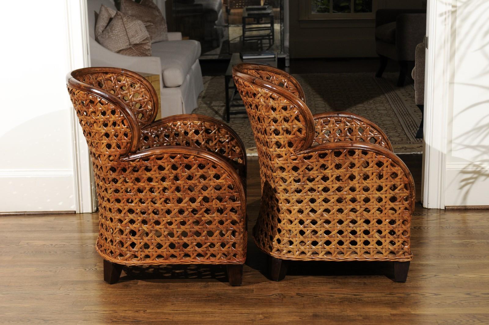 Radiant Pair of Art Deco Revival Club Chairs in Magnificent French Cane In Excellent Condition For Sale In Atlanta, GA