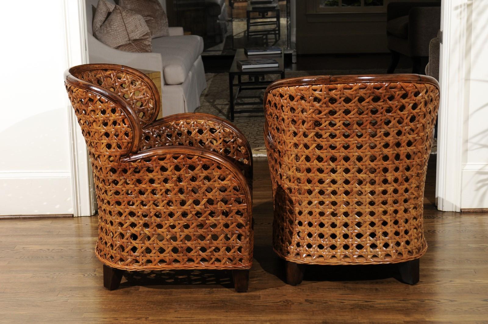 Late 20th Century Radiant Pair of Art Deco Revival Club Chairs in Magnificent French Cane For Sale
