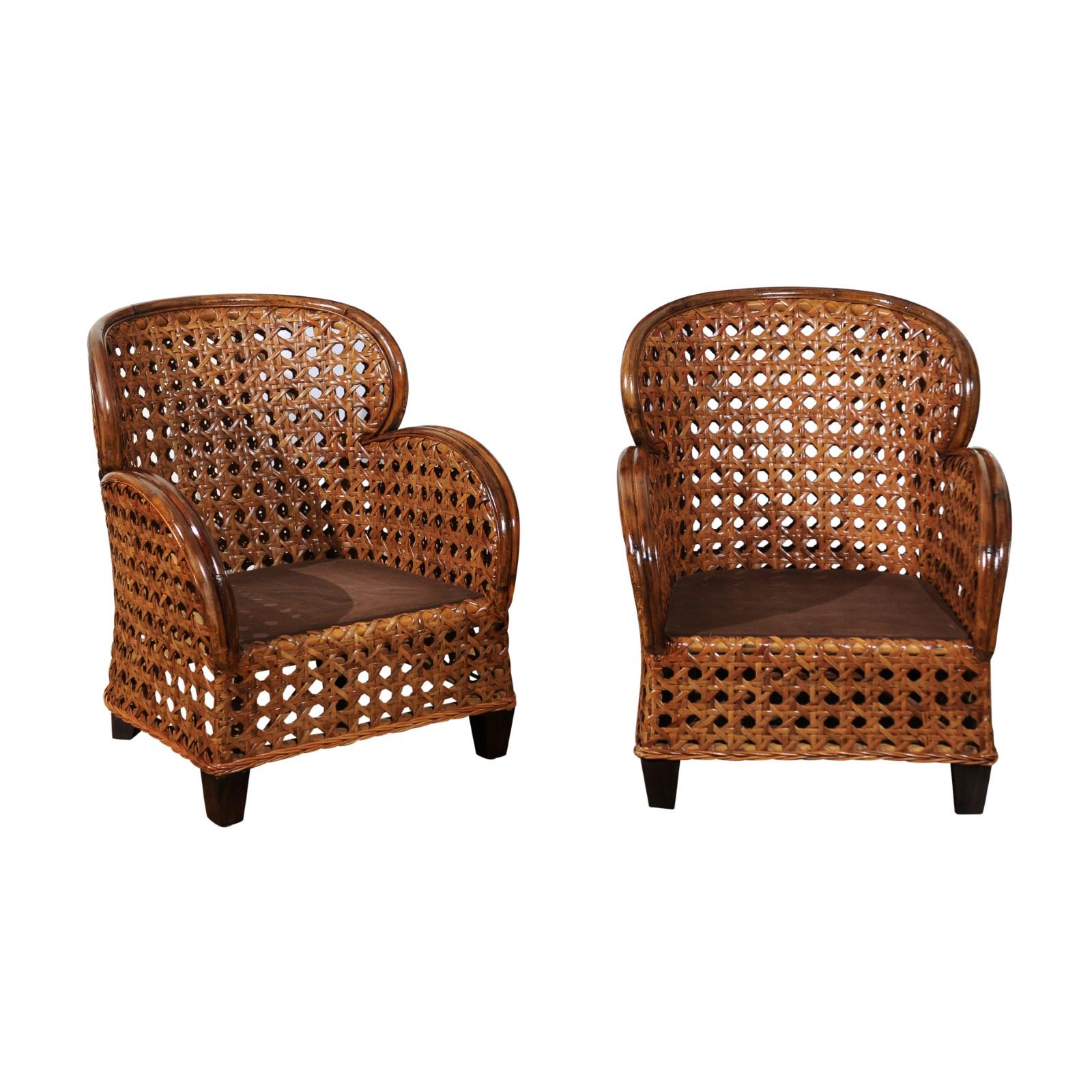 Radiant Pair of Art Deco Revival Club Chairs in Magnificent French Cane