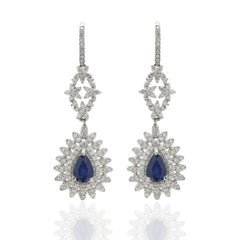 Radiant Blue Sapphire and Diamond Dangle Drop Earrings in 14K White Gold