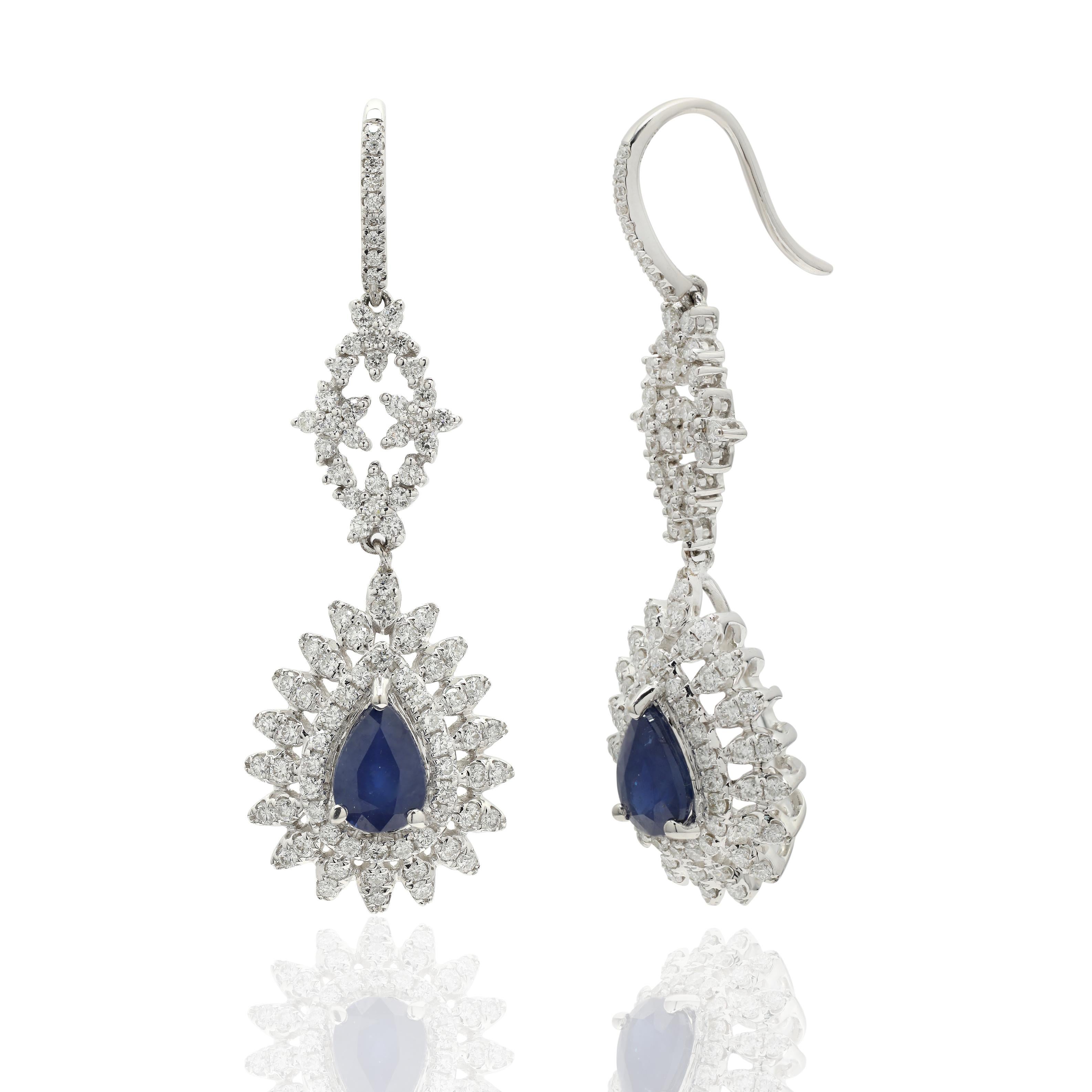 Contemporary Radiant Blue Sapphire and Diamond Dangle Drop Earrings in 14K White Gold For Sale